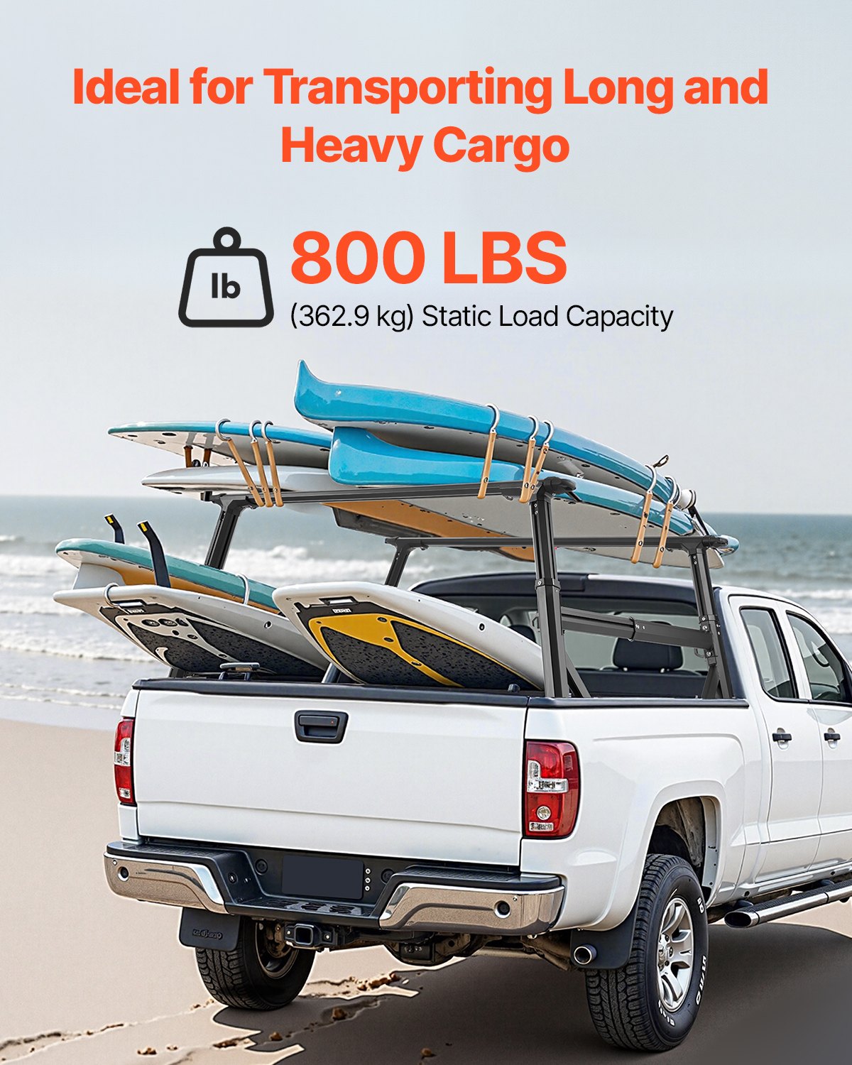VEVOR Truck Ladder Rack, 53.3-80.01 cm Height, Adjustable Non-Drilling Aluminum Cargo Rack with Sidebar, 362.9 kg Static Capacity, Ideal for Canoes, Surfboards, Ladders, Lumber, Tents & Large cargo