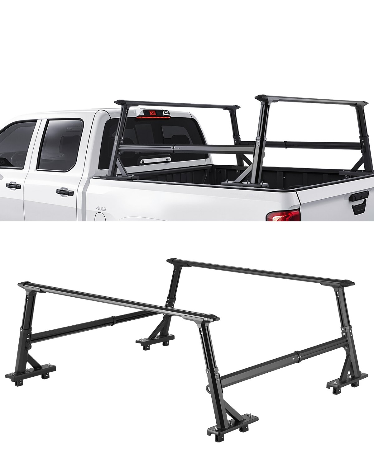 VEVOR Truck Ladder Rack, 53.3-80.01 cm Height, Adjustable Non-Drilling Aluminum Cargo Rack with Sidebar, 362.9 kg Static Capacity, Ideal for Canoes, Surfboards, Ladders, Lumber, Tents & Large cargo