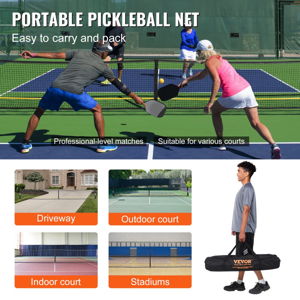 portable VEVOR pickleball net for professional matches, suitable for driveway, indoor, outdoor courts, and stadiums.