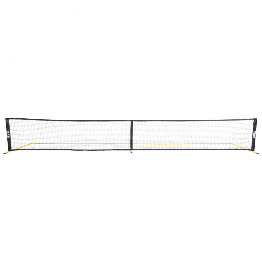 VEVOR pickleball net with yellow border, black frame, and mesh netting for easy assembly and gameplay.
