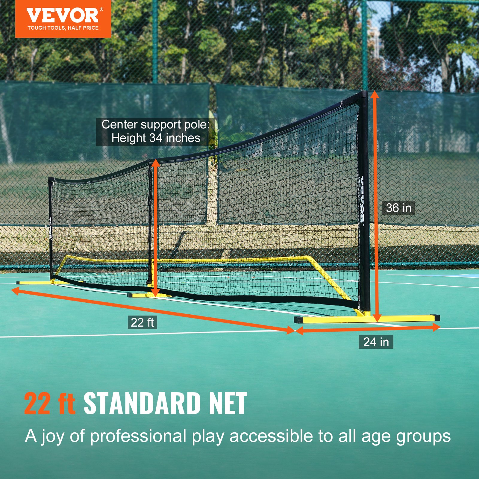 VEVOR pickleball net on a court with dimensions: 22 ft width, 36 in height, 34 in center pole, 24 in base.