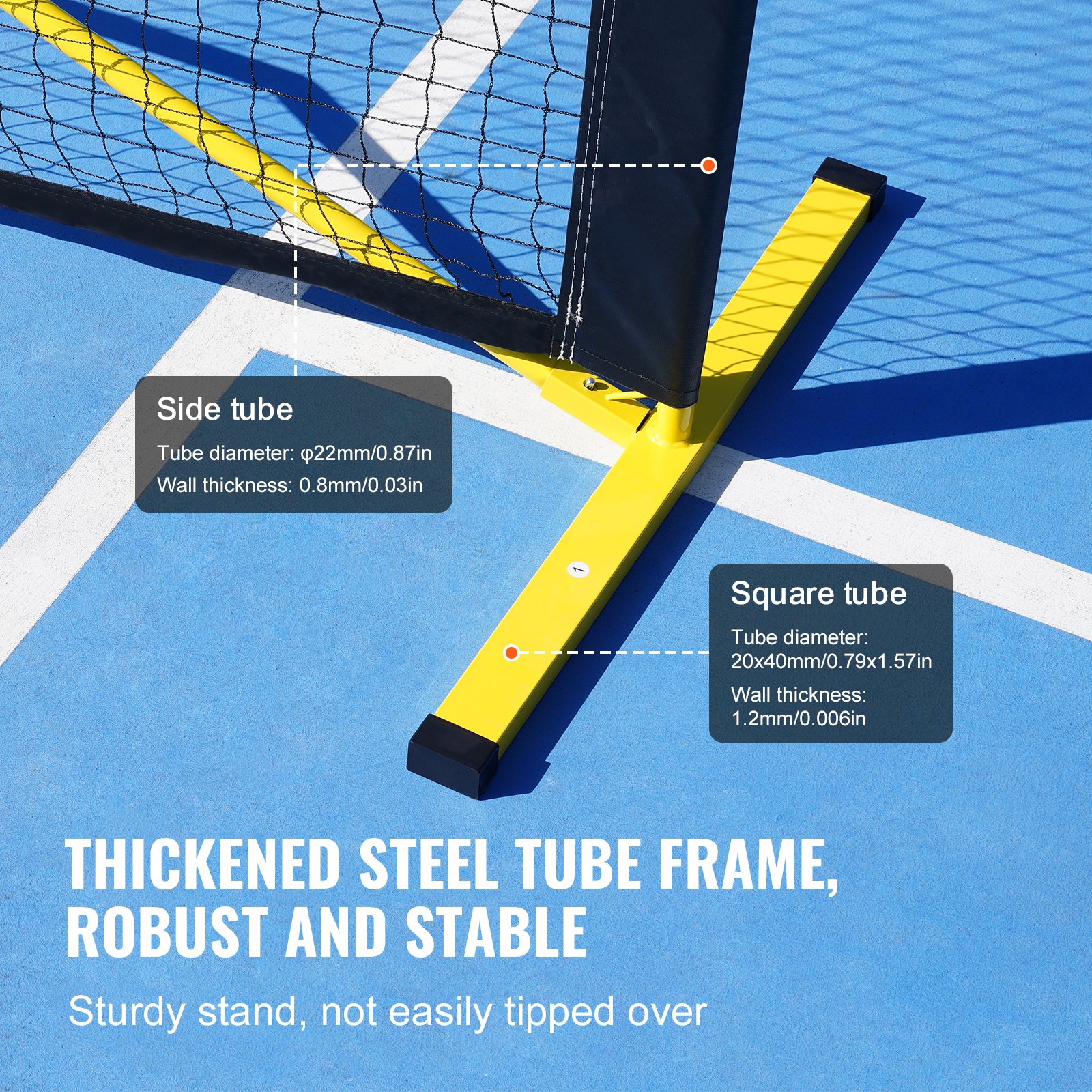 VEVOR pickleball net with thickened steel frame on a blue sports court, highlighting tube dimensions.