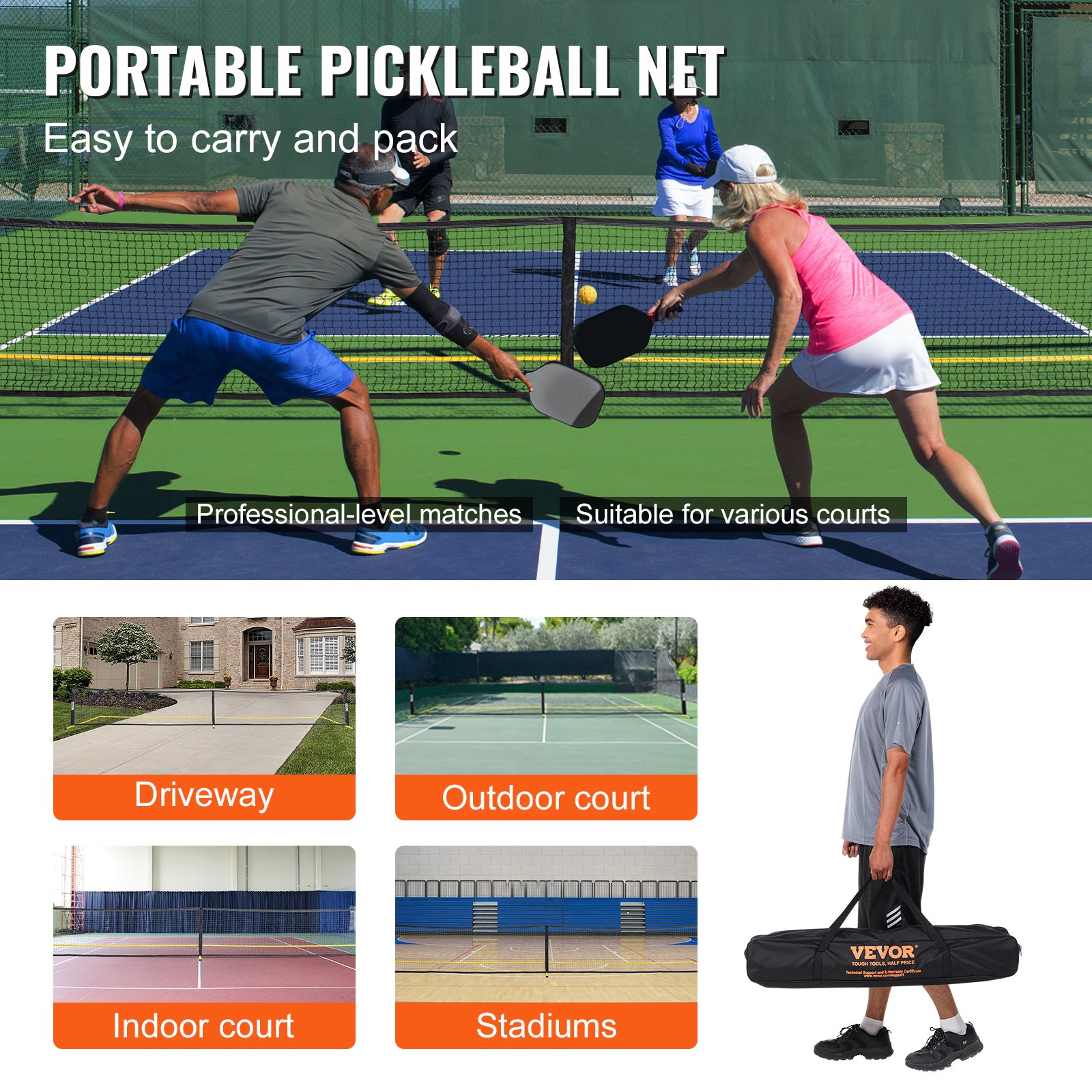 portable VEVOR pickleball net for professional matches, suitable for driveway, indoor, outdoor courts, and stadiums.