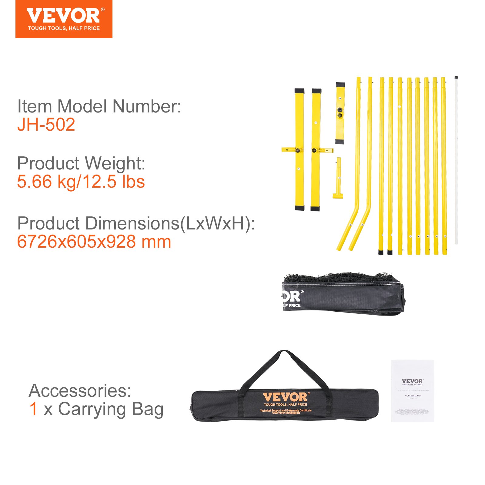 VEVOR pickleball net jh-502, 6726x605x928 mm, 5.66 kg, includes carrying bag.