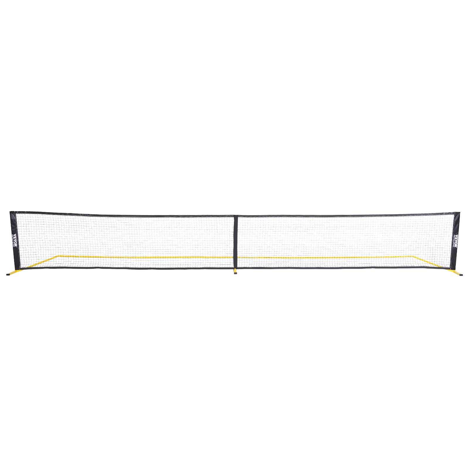 VEVOR pickleball net with yellow border, black frame, and mesh netting for easy assembly and gameplay.