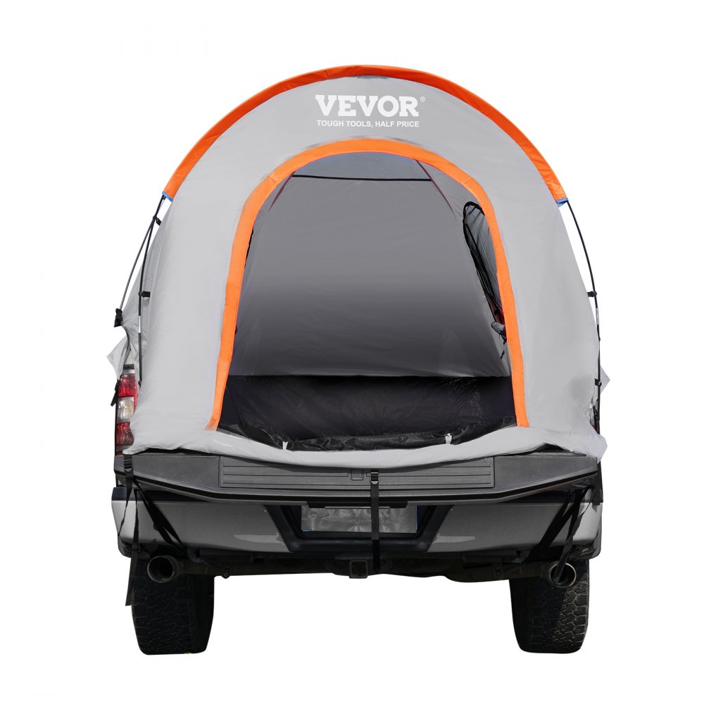 VEVOR truck bed tent with gray and orange design mounted on a pickup truck, showcasing rear entrance.
