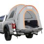 VEVOR truck bed tent set up on a silver ford f-150 fx4 with orange accents and open entry flap.