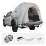 VEVOR truck bed tent setup on a silver pickup truck with accessories laid out, featuring a spacious interior.