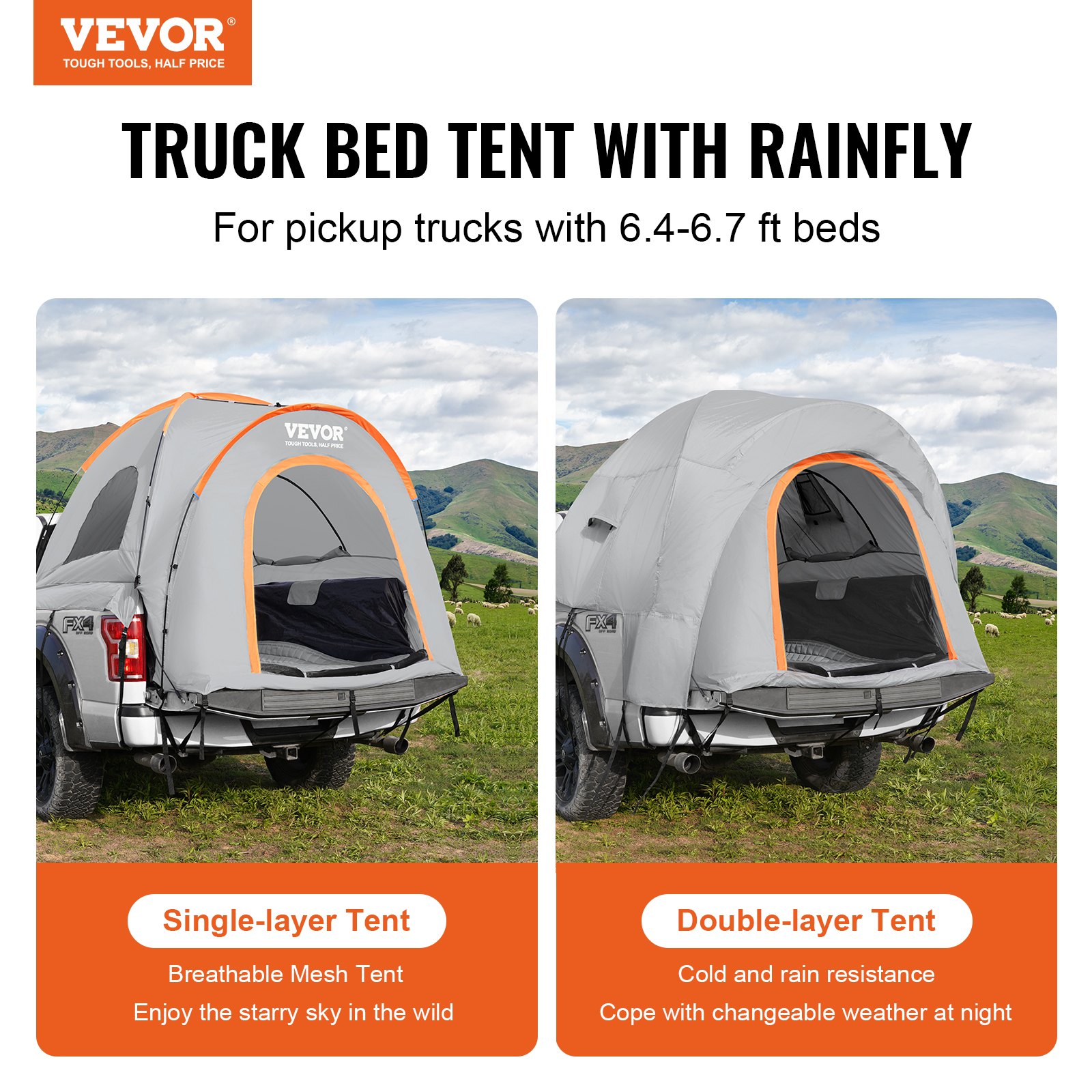 VEVOR truck bed tent with rainfly for pickup trucks, single and double-layer options, outdoor scenery.