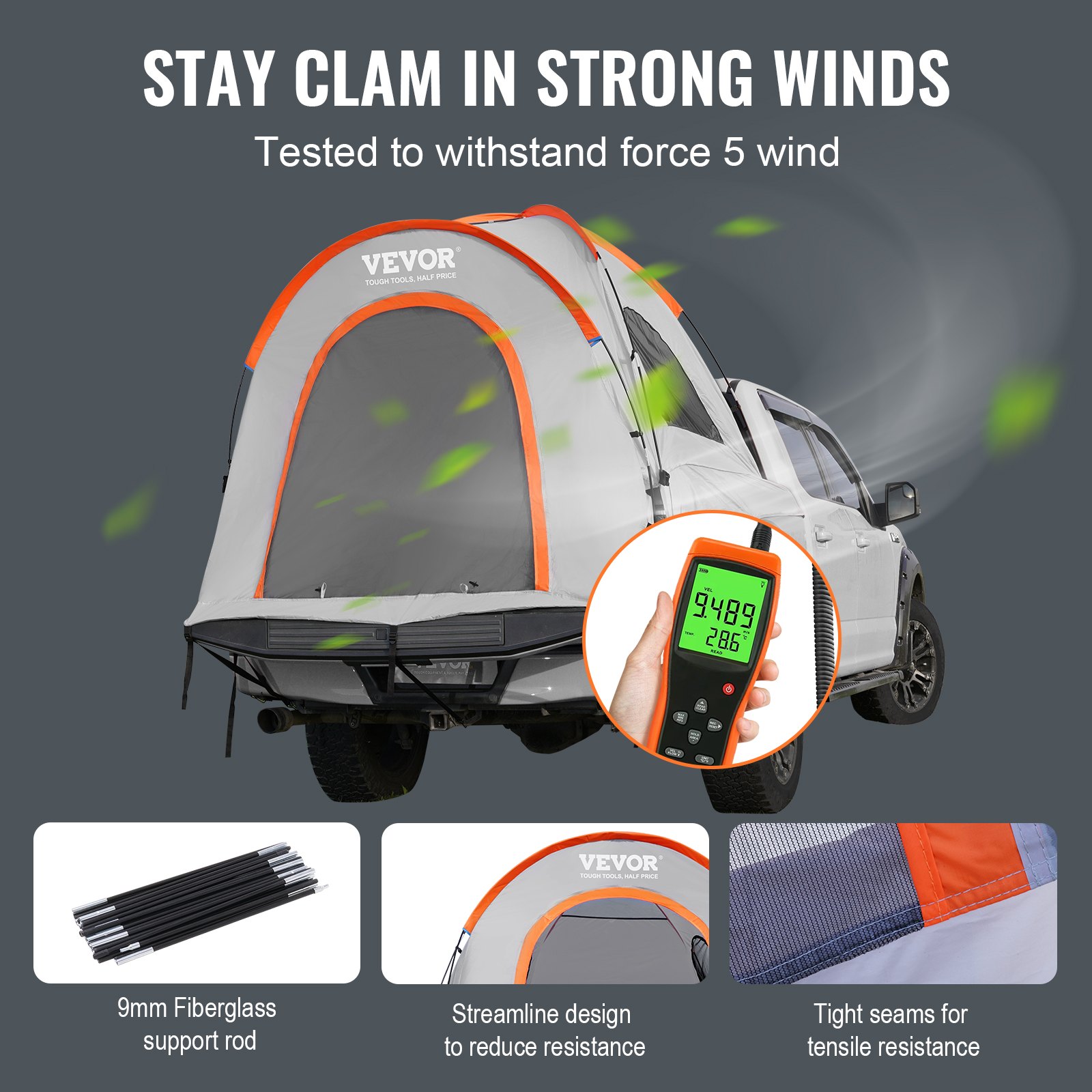 VEVOR truck bed tent withstanding strong winds, showcasing durability and streamlined design.