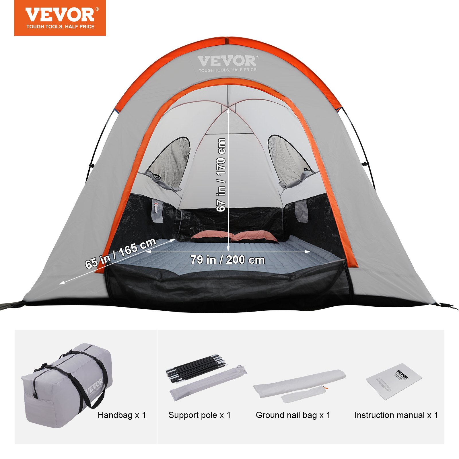 VEVOR truck bed tent with dimensions and accessories including handbag, support pole, and instruction manual.