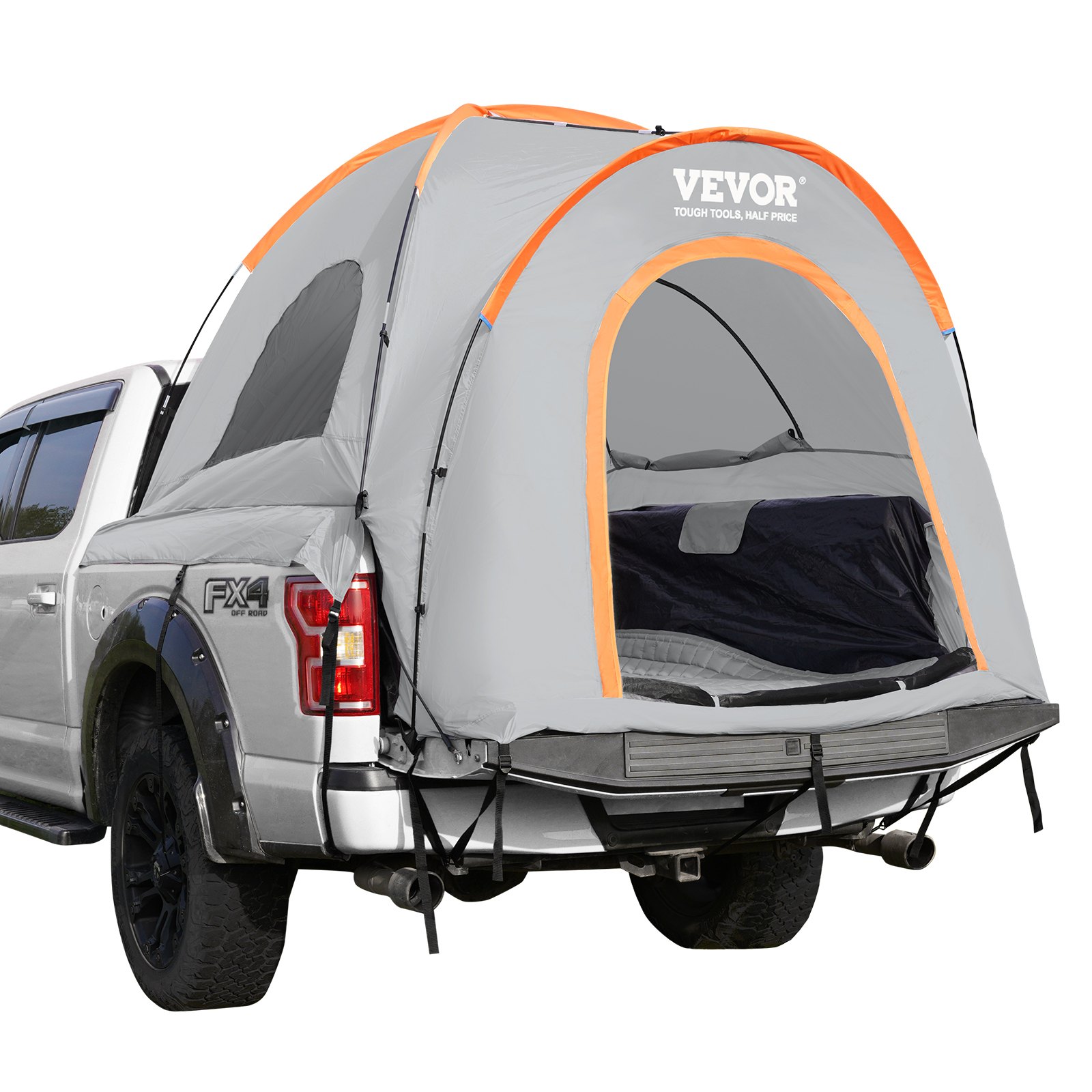 VEVOR truck bed tent set up on a silver ford f-150 fx4 with orange accents and open entry flap.