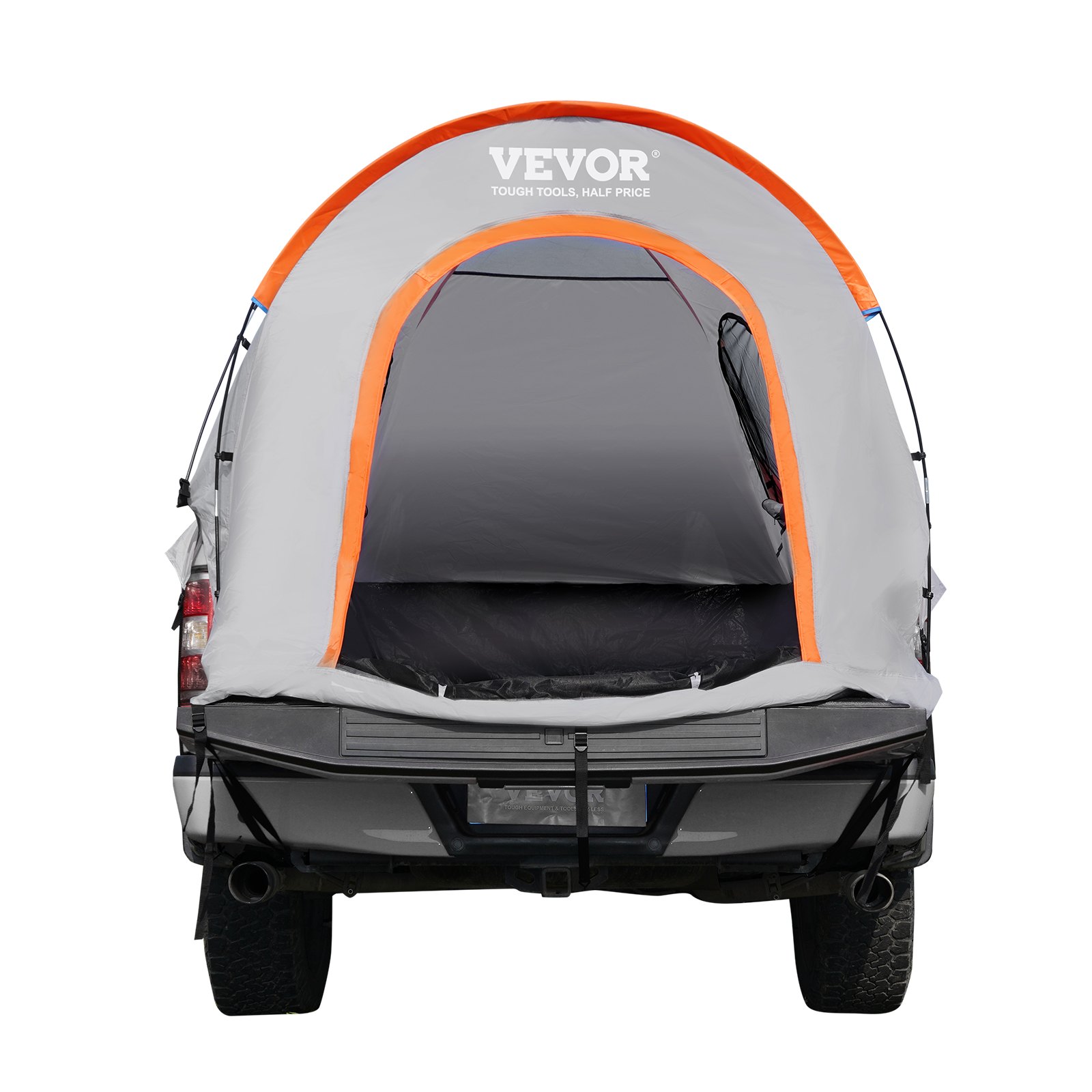 VEVOR truck bed tent with gray and orange design mounted on a pickup truck, showcasing rear entrance.
