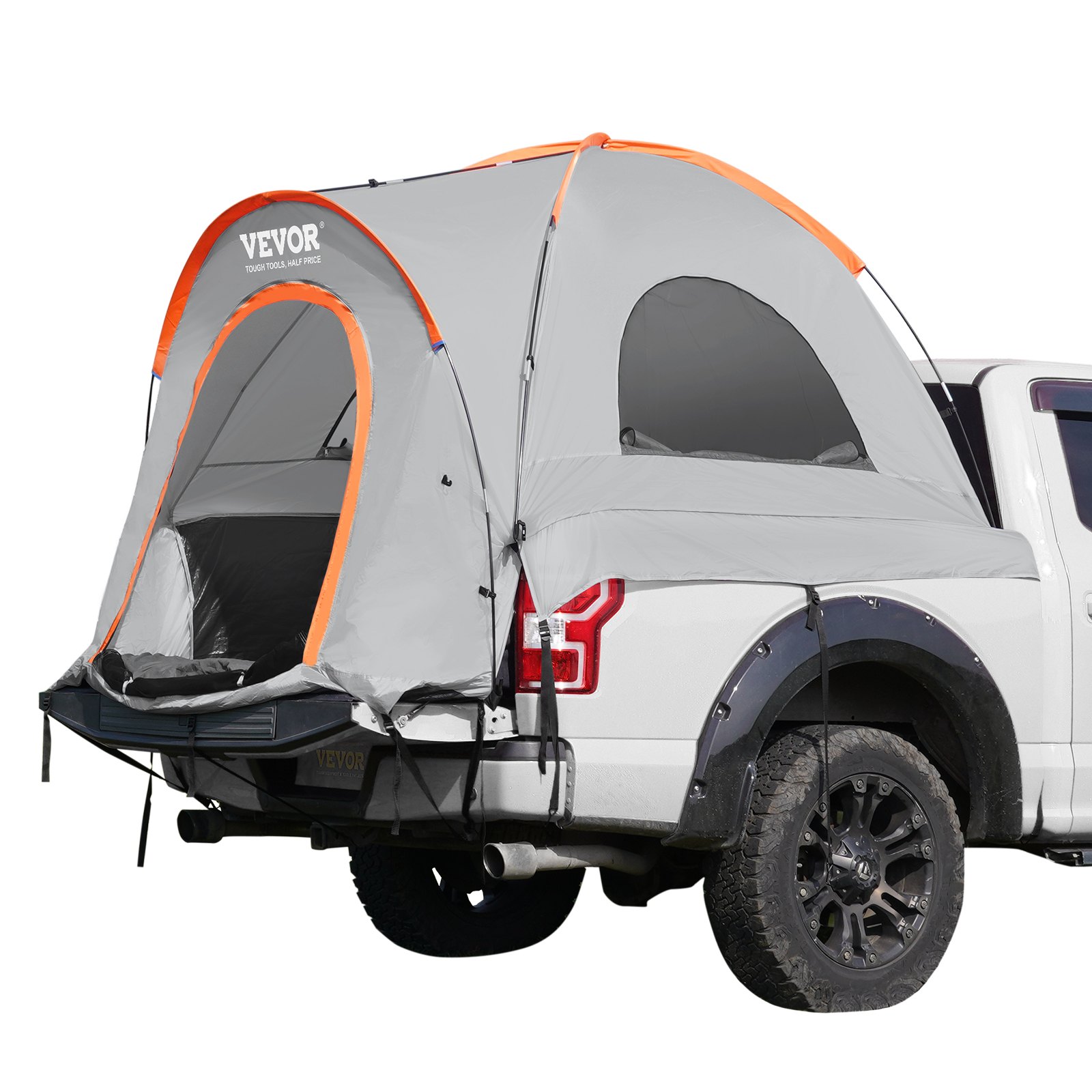 VEVOR truck bed tent set up on a white pickup truck with an extended entrance and large windows.