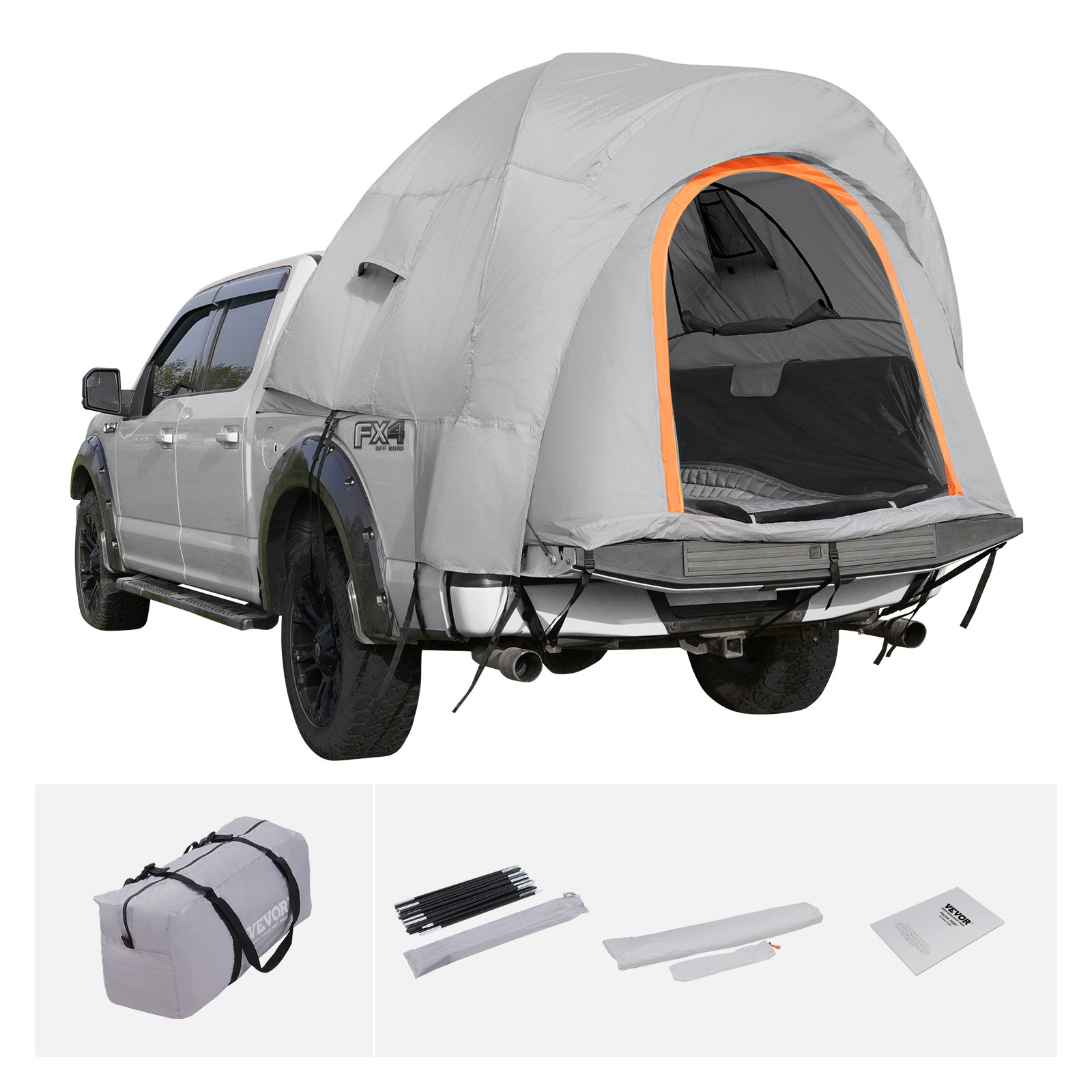 VEVOR truck bed tent setup on a silver pickup truck with accessories laid out, featuring a spacious interior.