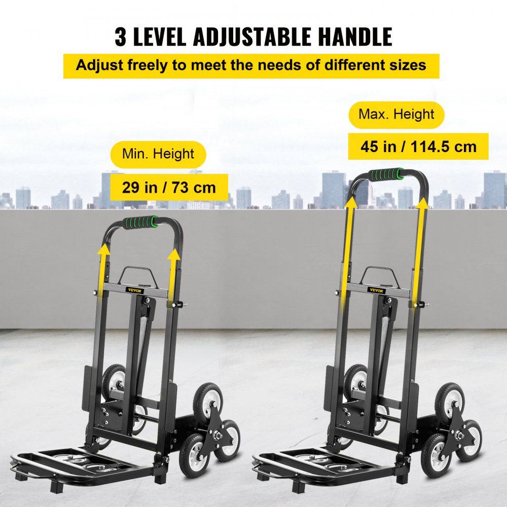 VEVOR Stair Climbing Cart 330lbs Capacity, Portable Folding Trolley With 5Inch Wheels, Stair Climber Hand Truck With Adjustable Handle For Pulling, All Terrain Heavy Duty Dolly Cart For Stairs(01-02)