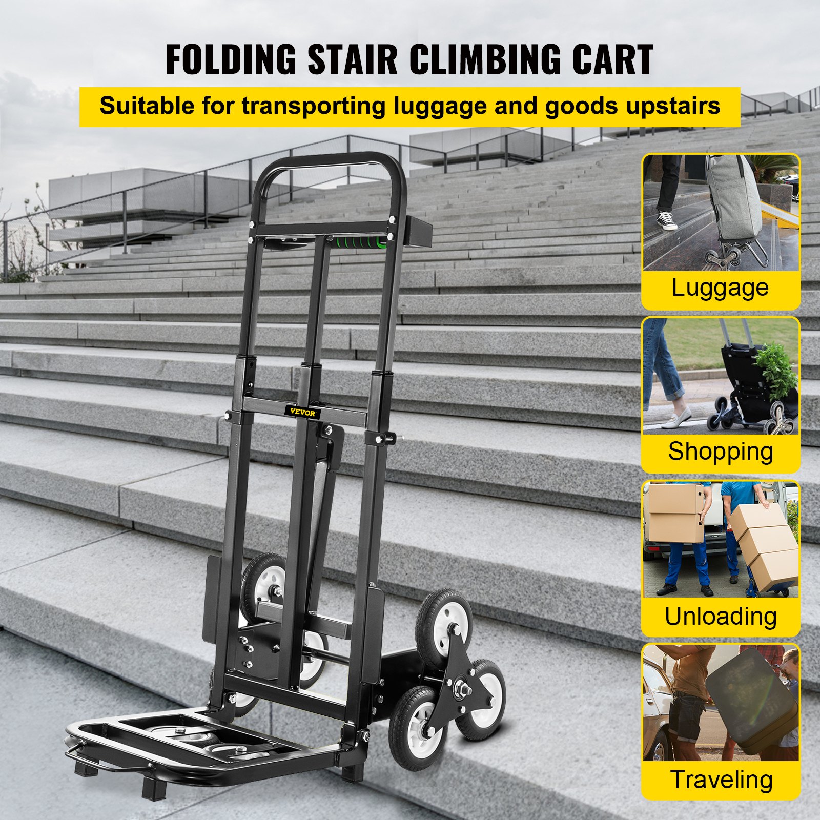 VEVOR Stair Climbing Cart 460lbs Capacity, Portable Folding Trolley With 5Inch Wheels, Stair Climber Hand Truck With Adjustable Handle For Pulling, All Terrain Heavy Duty Dolly Cart For Stairs(02-02)