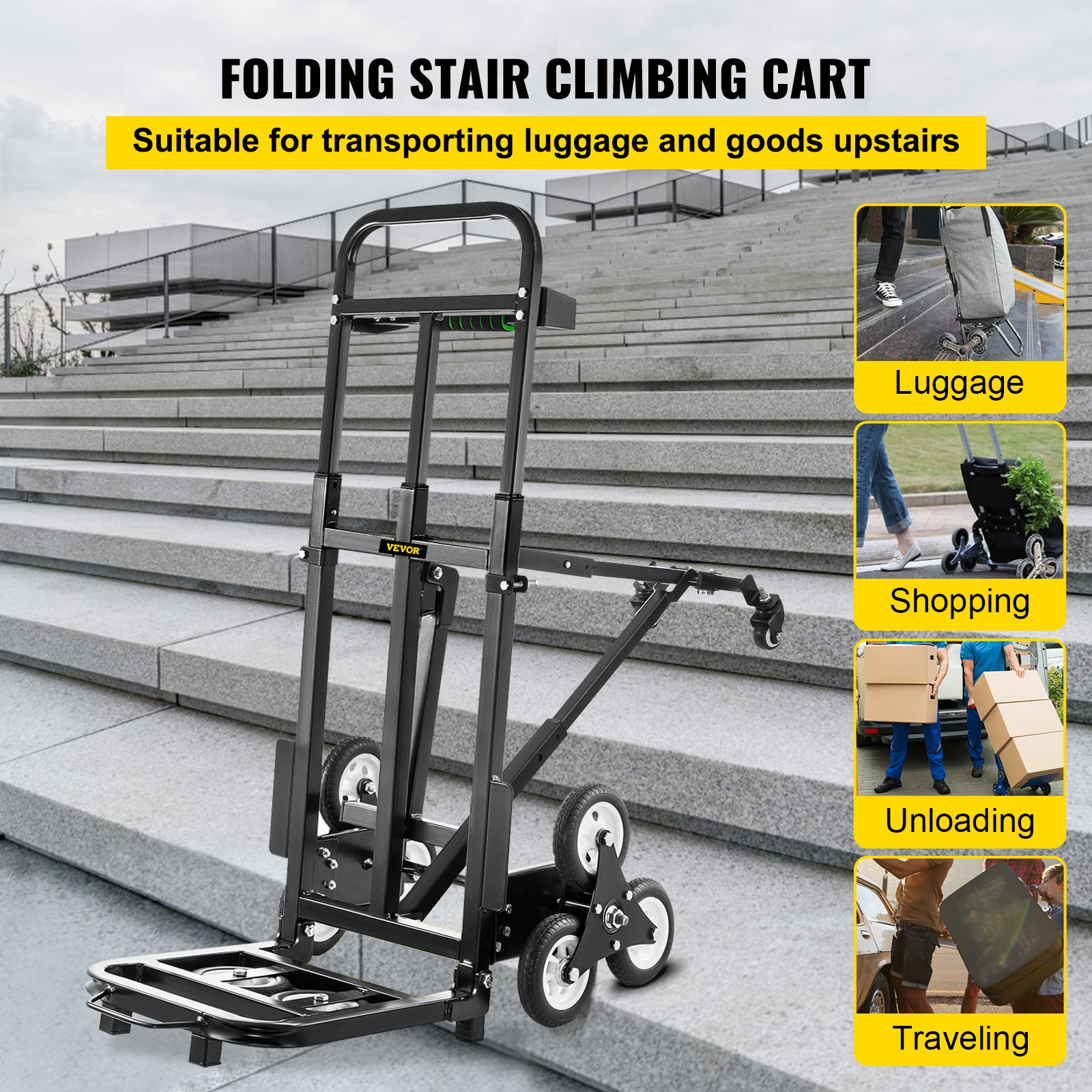 VEVOR Stair Climbing Cart 460lbs Capacity, Portable Folding Trolley With 5Inch and 1.5Inch Wheels, Stair Climber Hand Truck With Adjustable Handle, All Terrain Heavy Duty Dolly Cart For Stairs