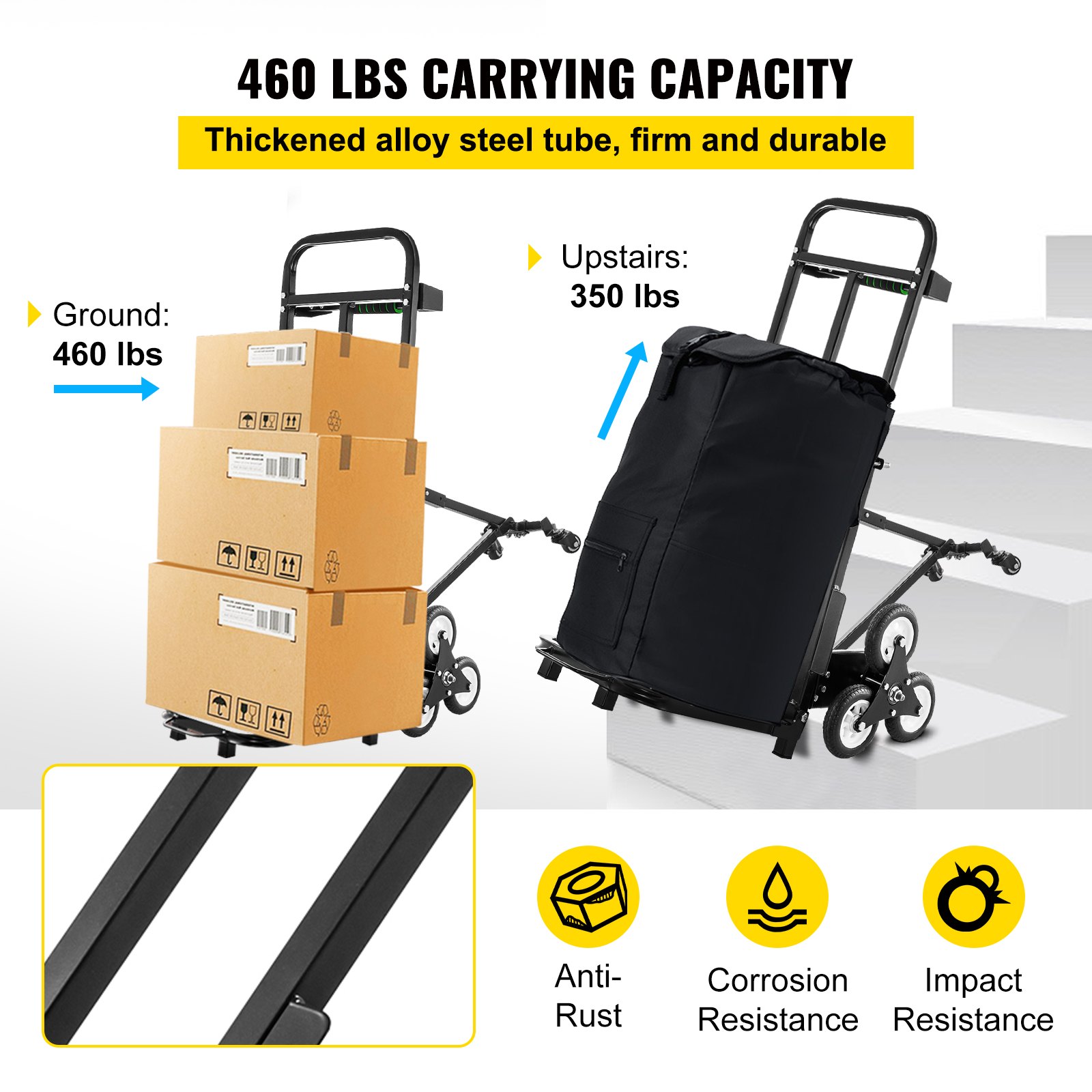 VEVOR Stair Climbing Cart 460lbs Capacity, Portable Folding Trolley With 5Inch and 1.5Inch Wheels, Stair Climber Hand Truck With Adjustable Handle, All Terrain Heavy Duty Dolly Cart For Stairs
