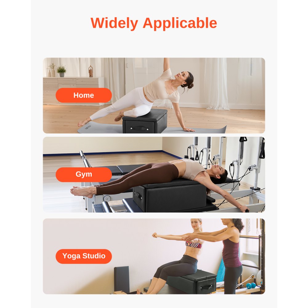 VEVOR Pilates Box for Reformer, 25x17x9 In Pilates Reformers Sitting Box for Exercises, Premium PU and Wood Pilates Equipment Accessory, Improve Strength, Balance, Range of Motion Home Gym, Black