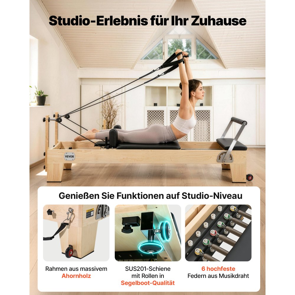 VEVOR Pilates Reformer Machine, Wooden Pilates Workout Equipment for Home Gym Studio Use, Pilates Bed with Dual Resistance- Spring & Cord, Reformer Set with Sitting Box, Up to 400 LBS