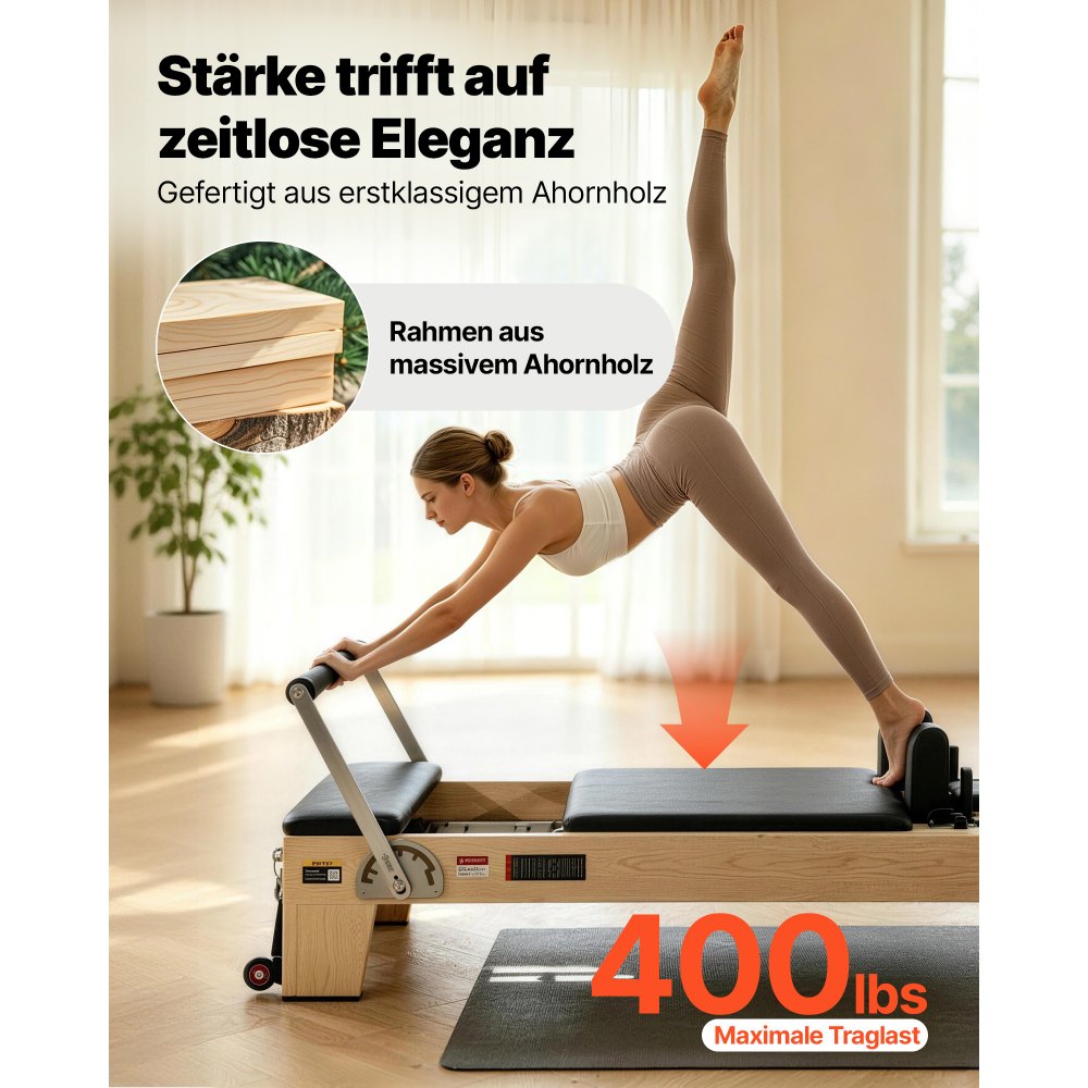 VEVOR Pilates Reformer Machine, Wooden Pilates Workout Equipment for Home Gym Studio Use, Pilates Bed with Dual Resistance- Spring & Cord, Reformer Set with Sitting Box, Up to 400 LBS