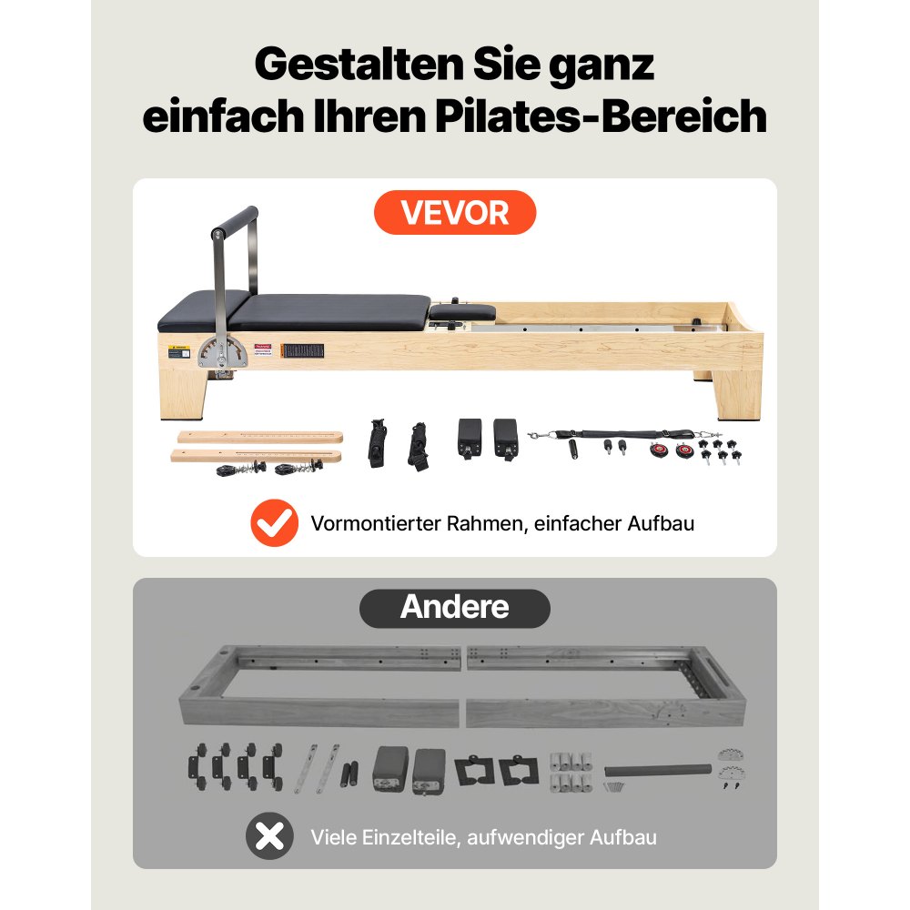 VEVOR Pilates Reformer Machine, Wooden Pilates Workout Equipment for Home Gym Studio Use, Pilates Bed with Dual Resistance- Spring & Cord, Reformer Set with Sitting Box, Up to 400 LBS