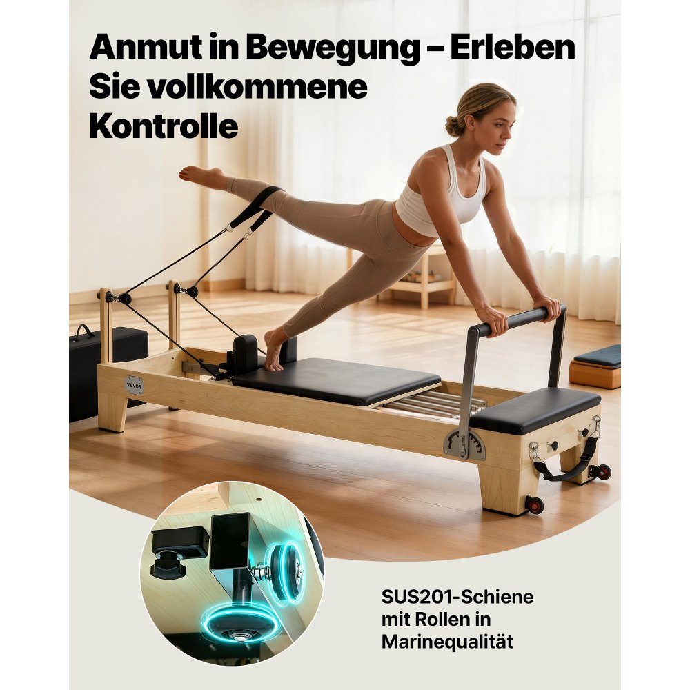 VEVOR Pilates Reformer Machine, Wooden Pilates Workout Equipment for Home Gym Studio Use, Pilates Bed with Dual Resistance- Spring & Cord, Reformer Set with Sitting Box, Up to 400 LBS