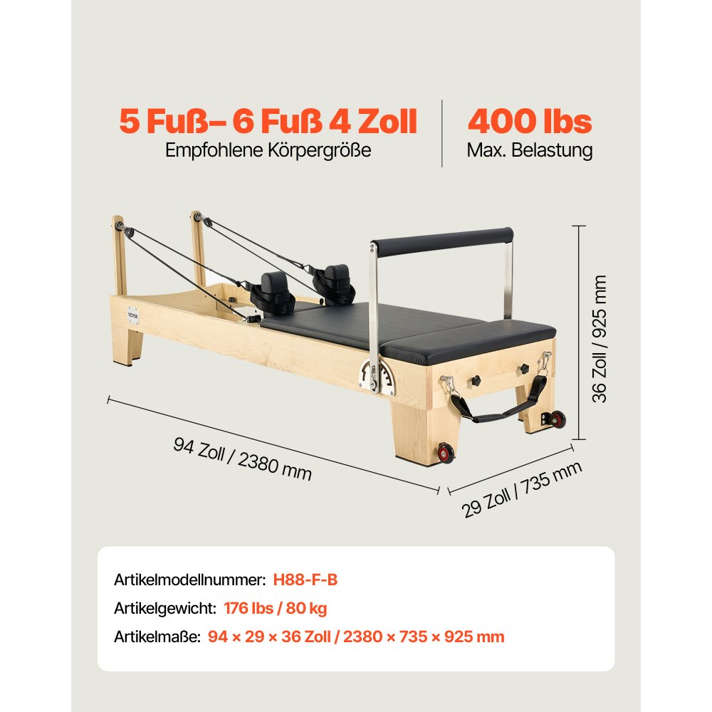 VEVOR Pilates Reformer Machine, Wooden Pilates Workout Equipment for Home Gym Studio Use, Pilates Bed with Dual Resistance- Spring & Cord, Reformer Set with Sitting Box, Up to 400 LBS