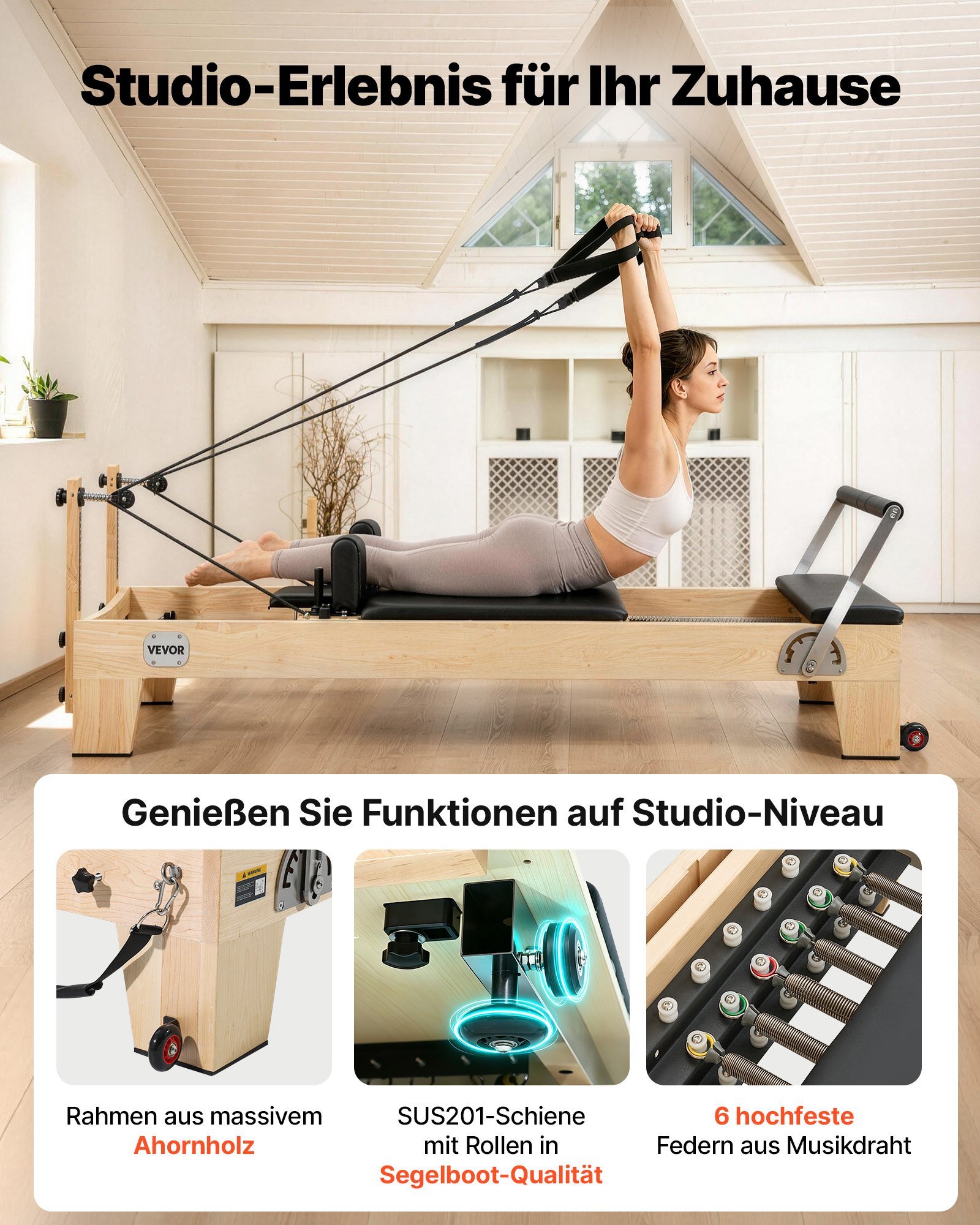 VEVOR Pilates Reformer Machine, Wooden Pilates Workout Equipment for Home Gym Studio Use, Pilates Bed with Dual Resistance- Spring & Cord, Reformer Set with Sitting Box, Up to 400 LBS