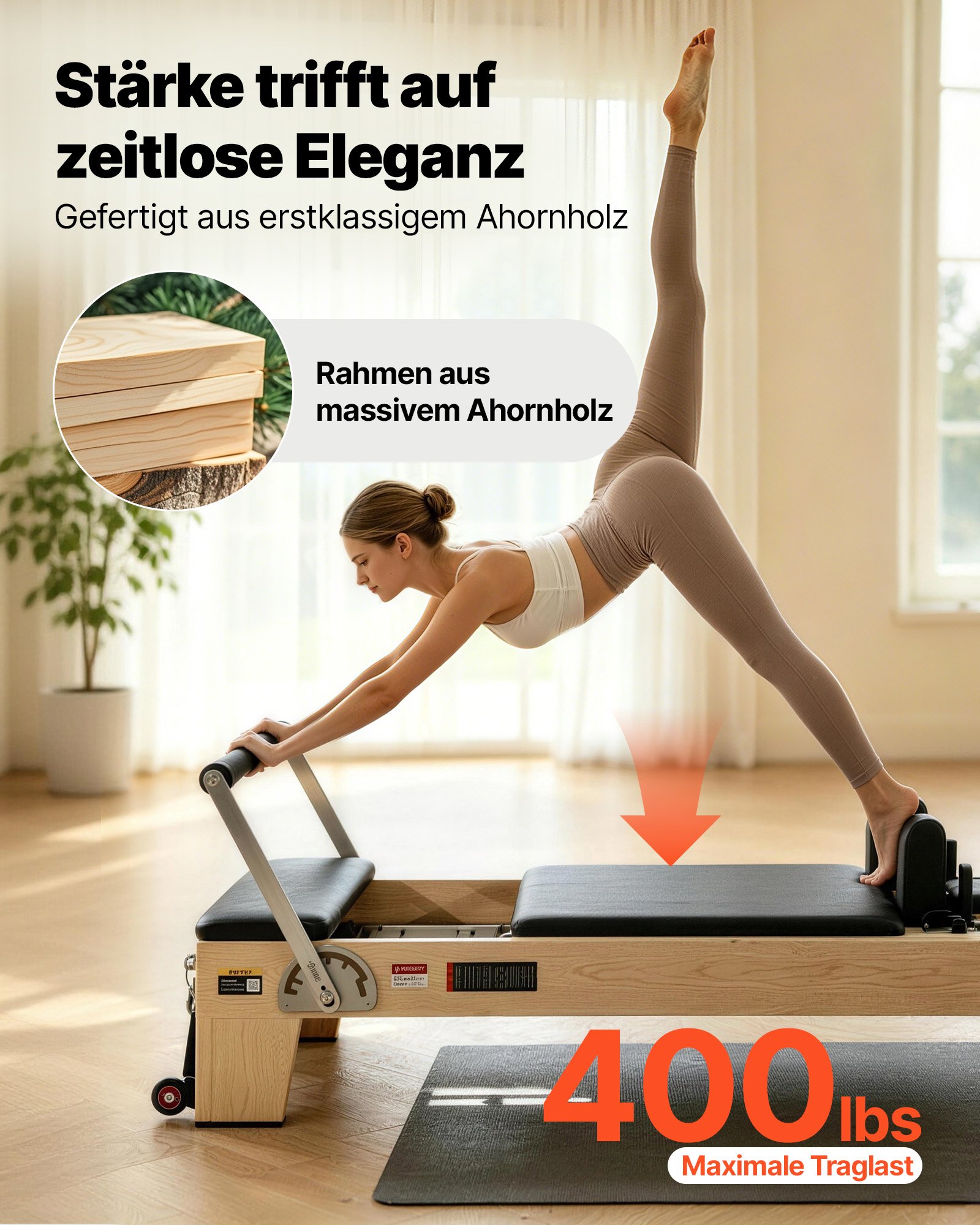 VEVOR Pilates Reformer Machine, Wooden Pilates Workout Equipment for Home Gym Studio Use, Pilates Bed with Dual Resistance- Spring & Cord, Reformer Set with Sitting Box, Up to 400 LBS