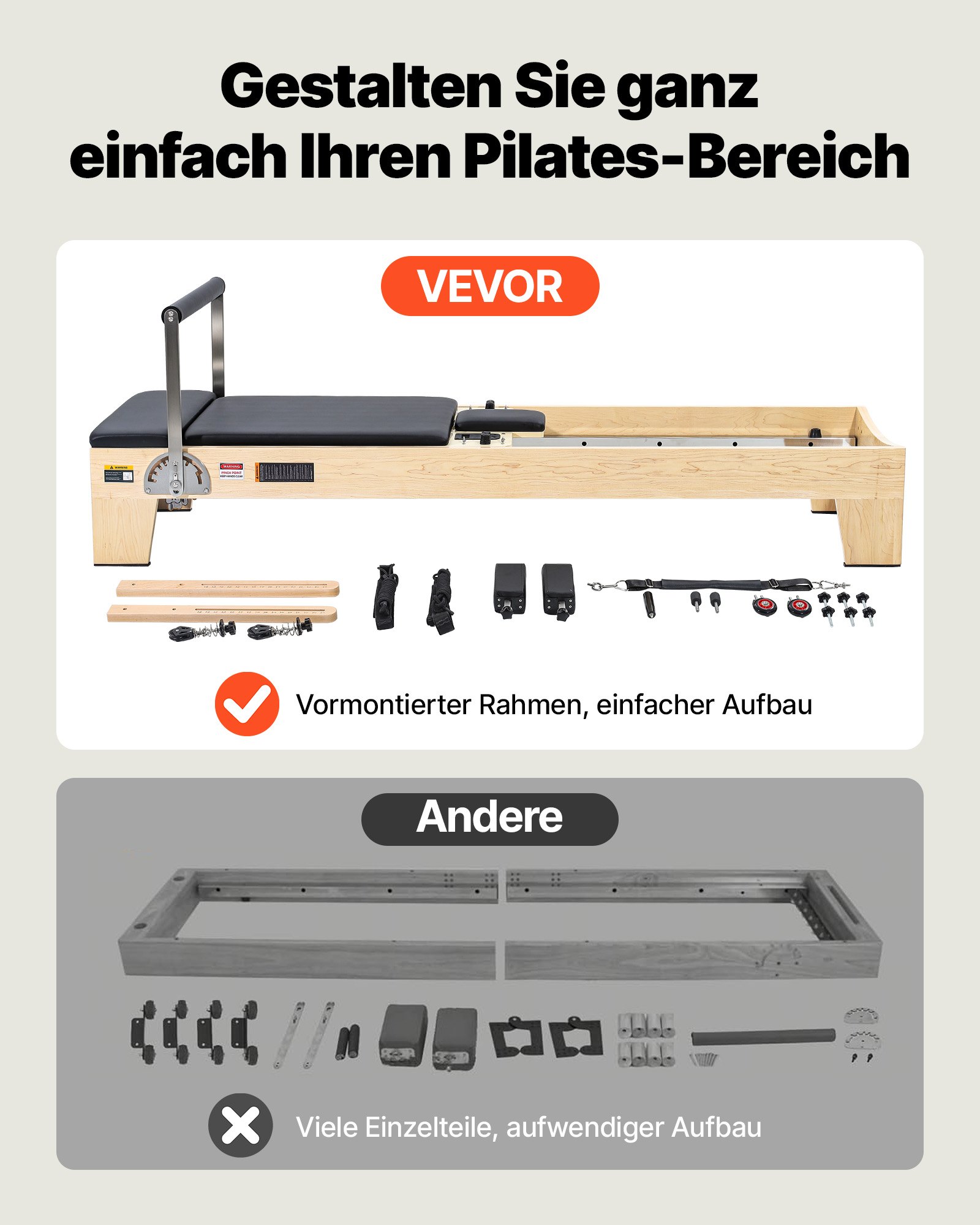 VEVOR Pilates Reformer Machine, Wooden Pilates Workout Equipment for Home Gym Studio Use, Pilates Bed with Dual Resistance- Spring & Cord, Reformer Set with Sitting Box, Up to 400 LBS