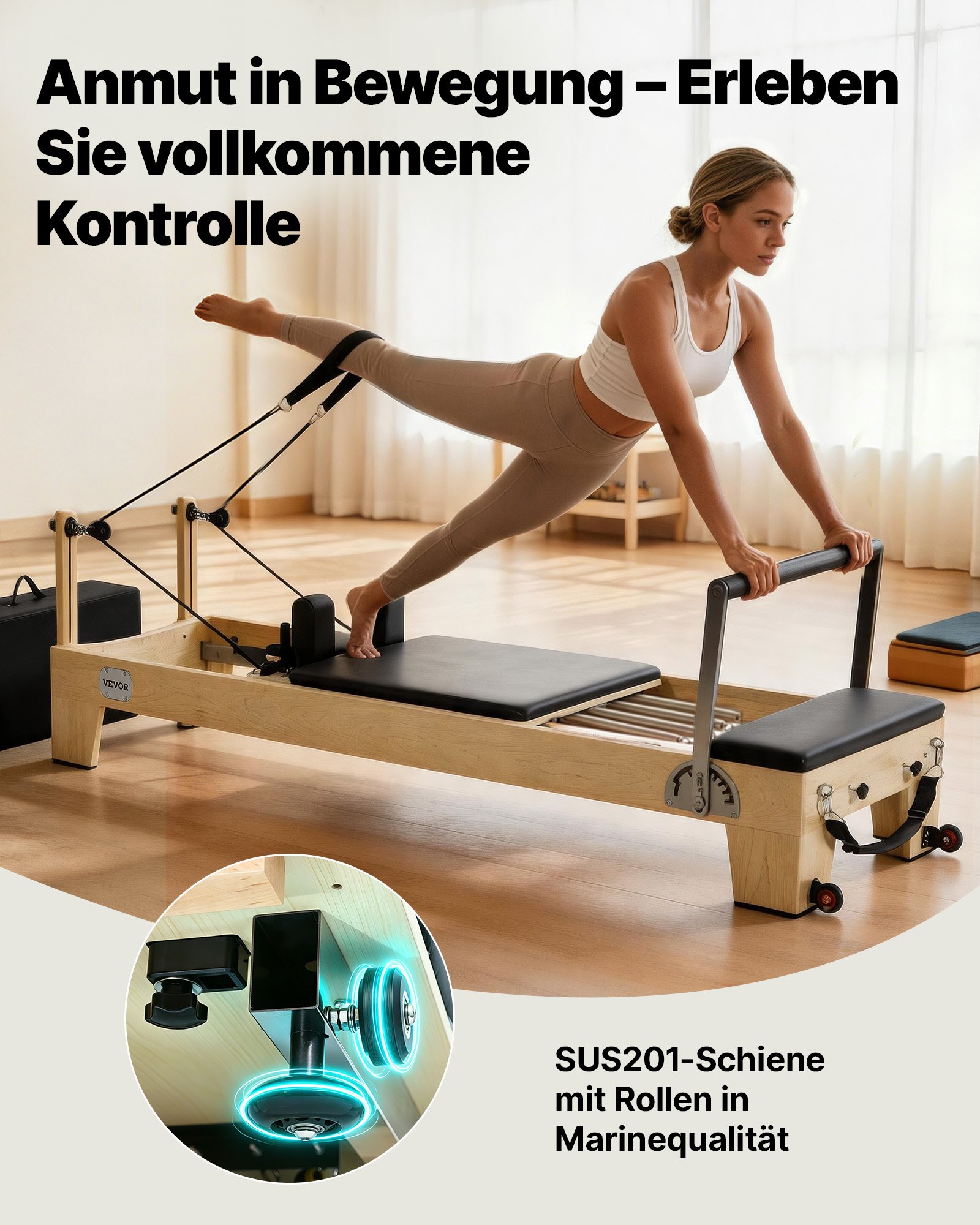 VEVOR Pilates Reformer Machine, Wooden Pilates Workout Equipment for Home Gym Studio Use, Pilates Bed with Dual Resistance- Spring & Cord, Reformer Set with Sitting Box, Up to 400 LBS