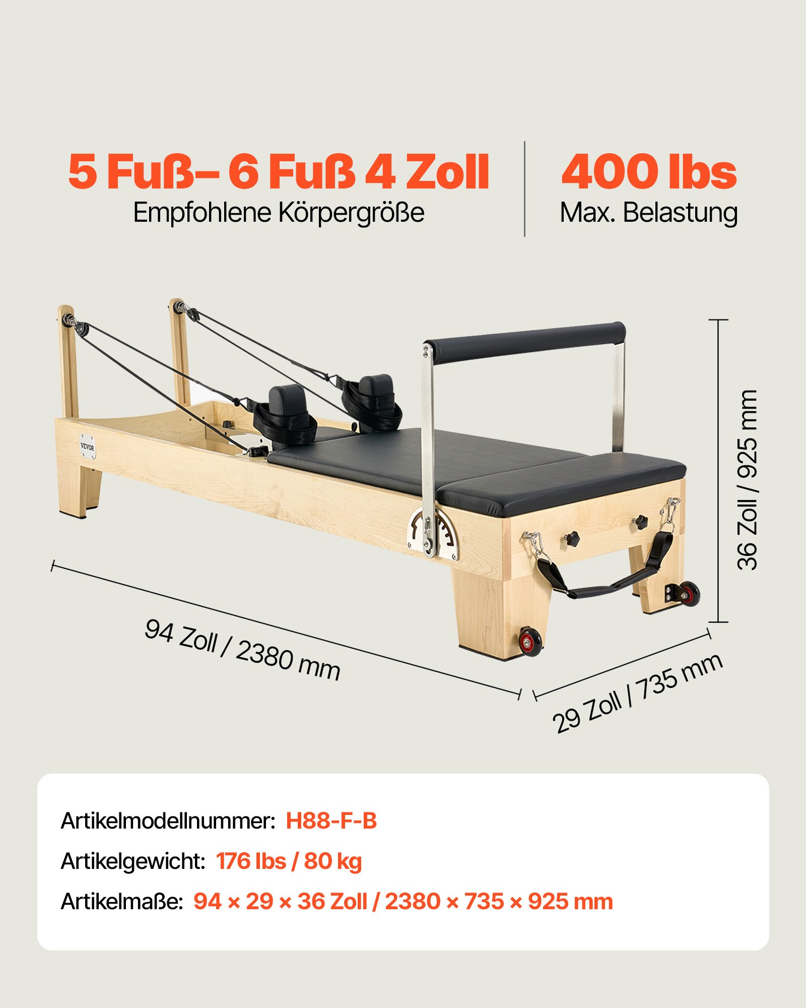 VEVOR Pilates Reformer Machine, Wooden Pilates Workout Equipment for Home Gym Studio Use, Pilates Bed with Dual Resistance- Spring & Cord, Reformer Set with Sitting Box, Up to 400 LBS