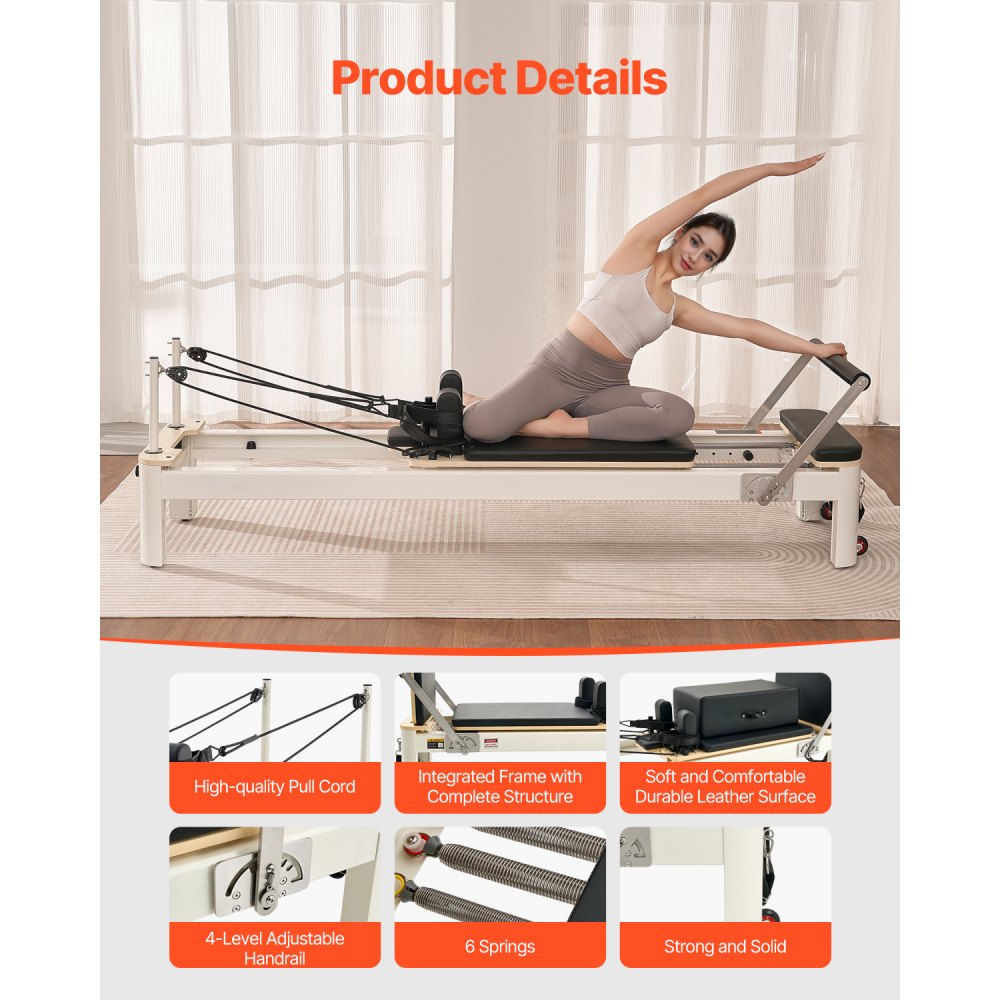 VEVOR Pilates Reformer Machine, Pilates Bed with Sitting Box, for Home Gym Studio Advanced Users & Beginners, Reformer Equipment with Dual Resistance- Spring & Cord, Up to 400 LBS