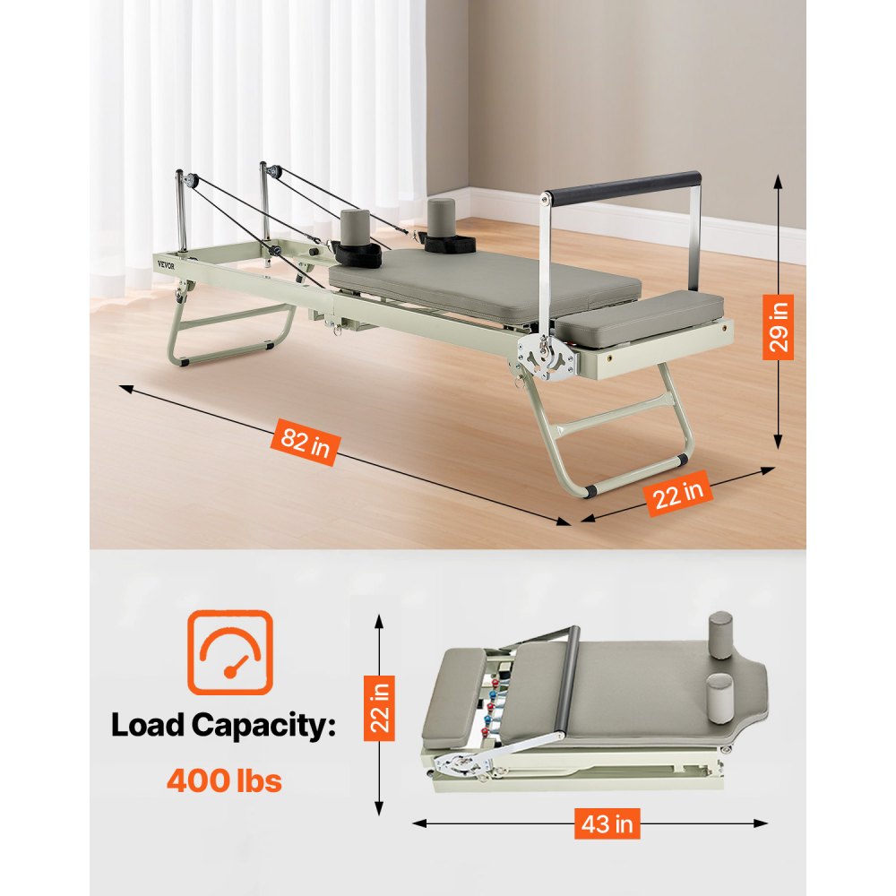 VEVOR Foldable Pilates Reformer, Pilates Workout Machine for Home Gym Studio Use, Pilates Bed with Dual Resistance- Spring & Cord, Reformer Set for Advanced Users and Beginners, Up to 400 LBS
