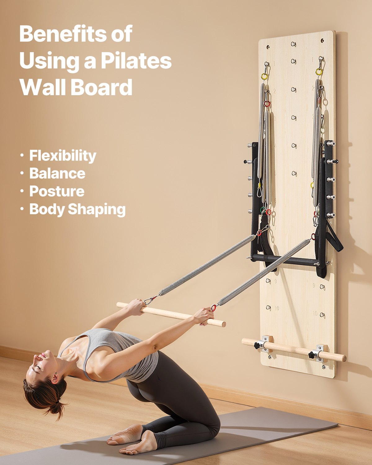 VEVOR Wall Mounted Pilates Reformer Machine, Maple Wood Pilates Springboard, Exercise Equipment with Resistance Springs, Yoga Fitness Trainer, Suitable for Flexibility Balance, Home Gym Studio Workout