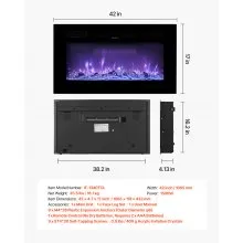 42 inch Electric Fireplace Wall Mounted Recessed with Remote Control 1500W