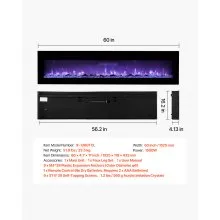 60 inch Electric Fireplace Wall Mounted Recessed with Remote Control 1500W
