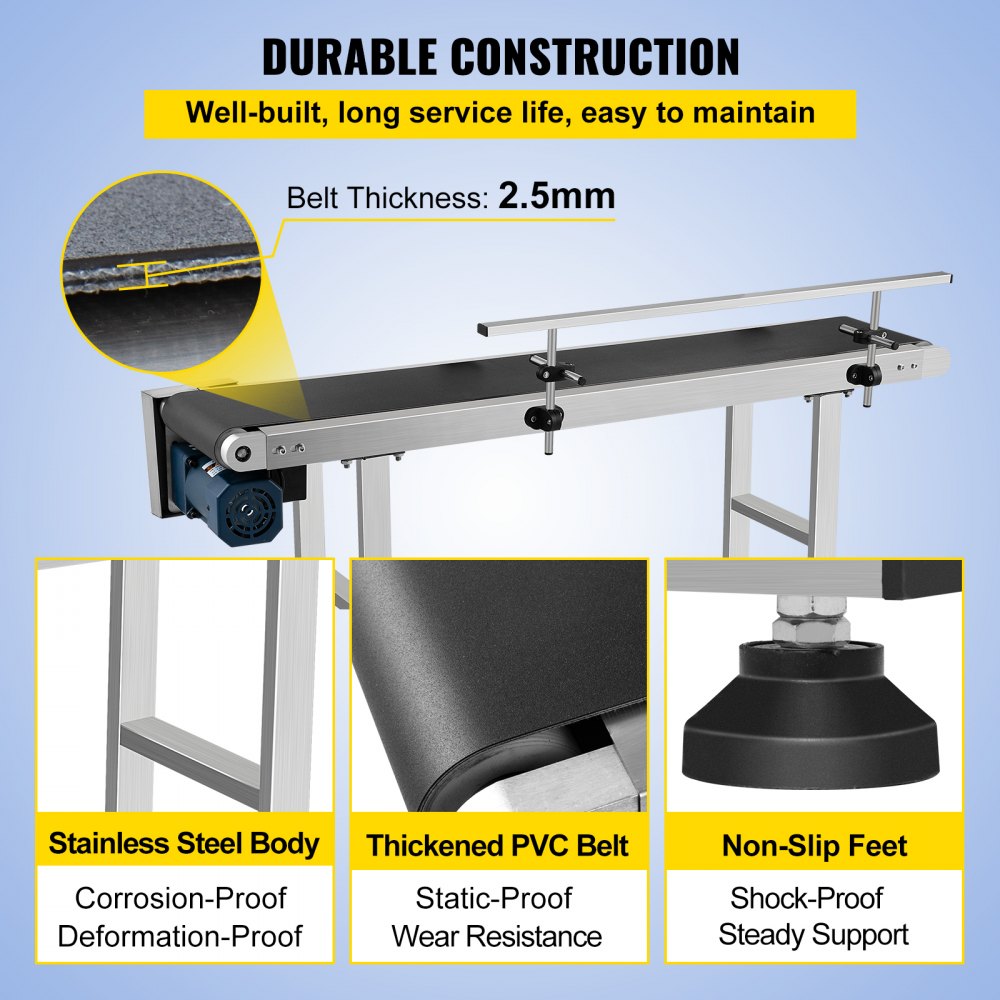 VEVOR Belt Conveyor 59 x 7.8 inch Conveyor Table Heavy Duty Stainless Steel Motorized Belt Conveyor for Inkjet Coding Applications Powered Rubber PVC Belt Anti Static (One Guardrail)