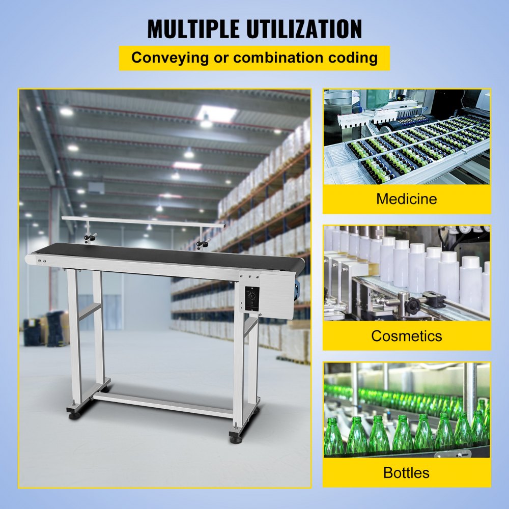 VEVOR Belt Conveyor 59 x 7.8 inch Conveyor Table Heavy Duty Stainless Steel Motorized Belt Conveyor for Inkjet Coding Applications Powered Rubber PVC Belt Anti Static (One Guardrail)