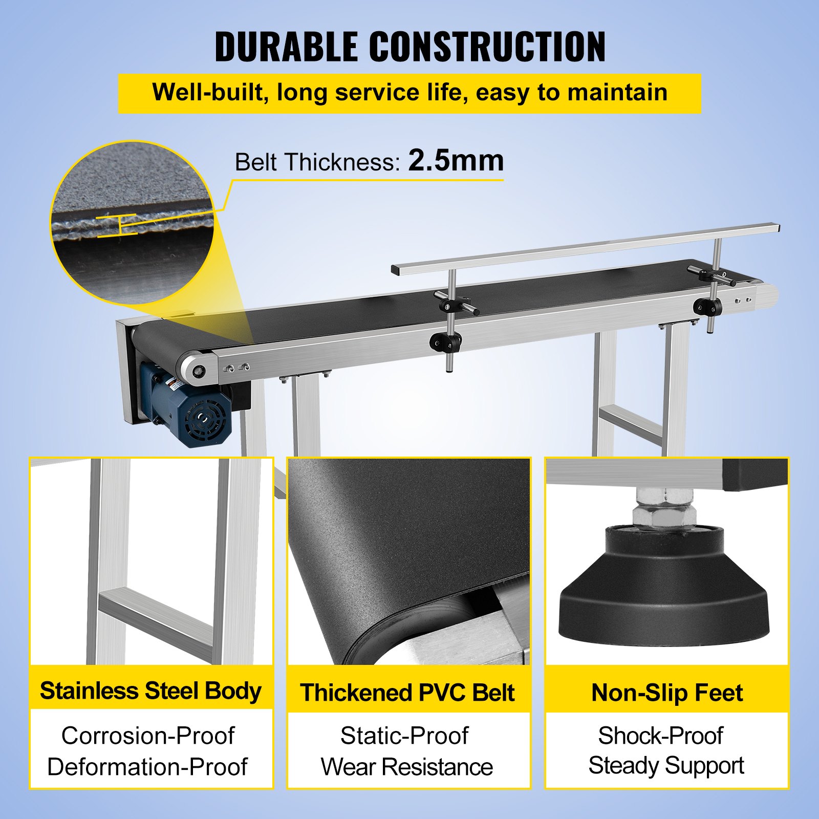 VEVOR Belt Conveyor 59 x 7.8 inch Conveyor Table Heavy Duty Stainless Steel Motorized Belt Conveyor for Inkjet Coding Applications Powered Rubber PVC Belt Anti Static (One Guardrail)