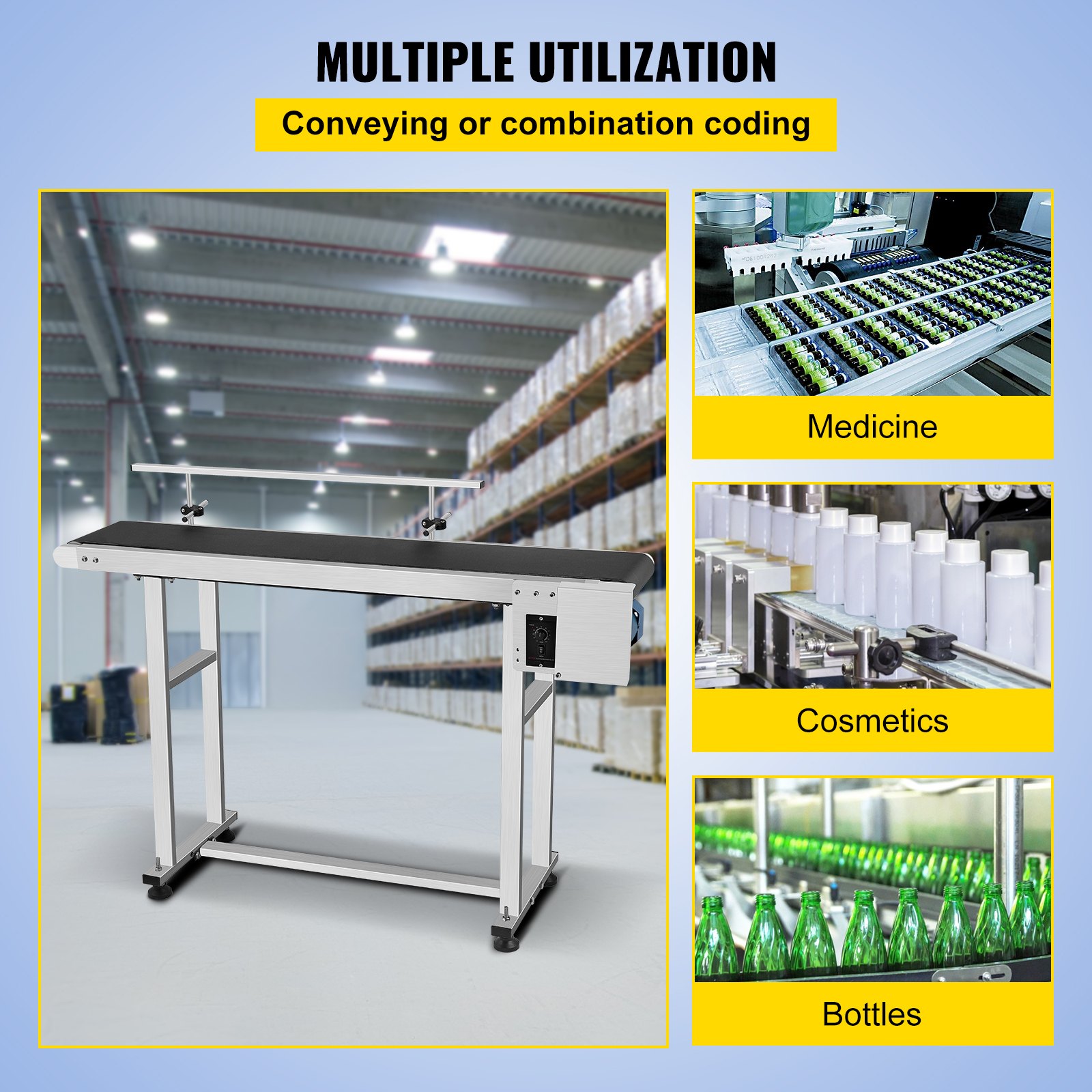 VEVOR Belt Conveyor 59 x 7.8 inch Conveyor Table Heavy Duty Stainless Steel Motorized Belt Conveyor for Inkjet Coding Applications Powered Rubber PVC Belt Anti Static (One Guardrail)