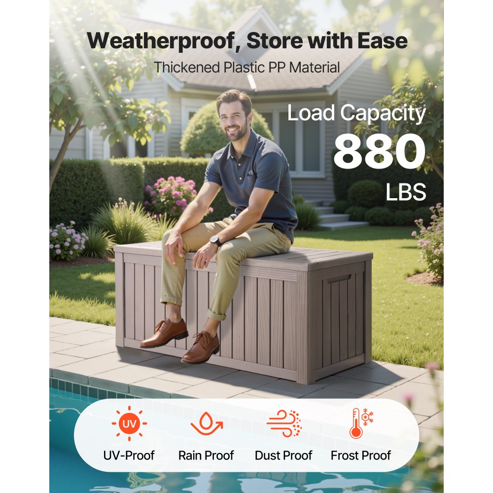 VEVOR Outdoor Storage Box, 120 Gallon Resin Deck Box, Lockable Backyard Toy and Towel Storage Cabinet Waterproof, for Patio Furniture Cushions, Garden Tools, Pool Supplies & Package Delivery (Grey)