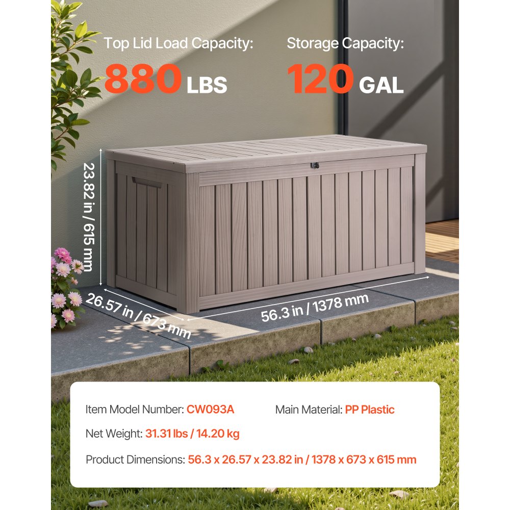 VEVOR Outdoor Storage Box, 120 Gallon Resin Deck Box, Lockable Backyard Toy and Towel Storage Cabinet Waterproof, for Patio Furniture Cushions, Garden Tools, Pool Supplies & Package Delivery (Grey)