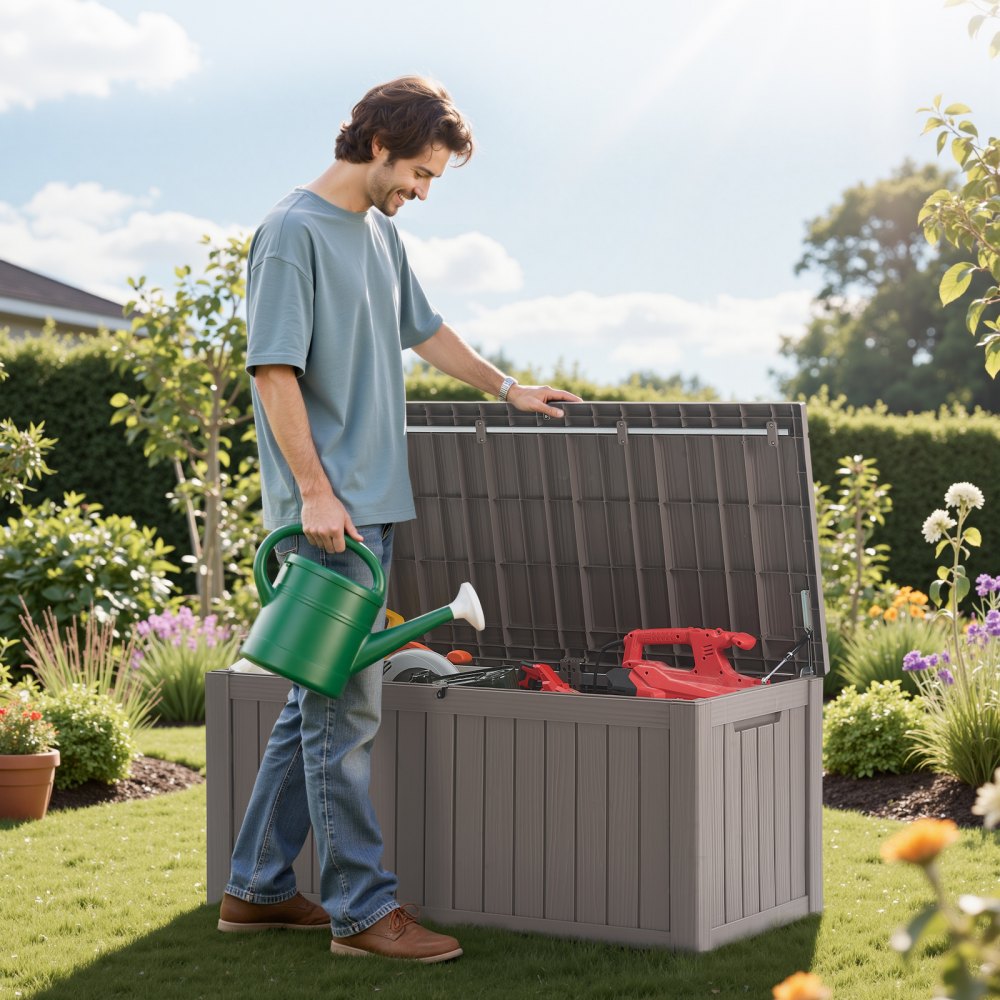 VEVOR Outdoor Storage Box, 120 Gallon Resin Deck Box, Lockable Backyard Toy and Towel Storage Cabinet Waterproof, for Patio Furniture Cushions, Garden Tools, Pool Supplies & Package Delivery (Grey)