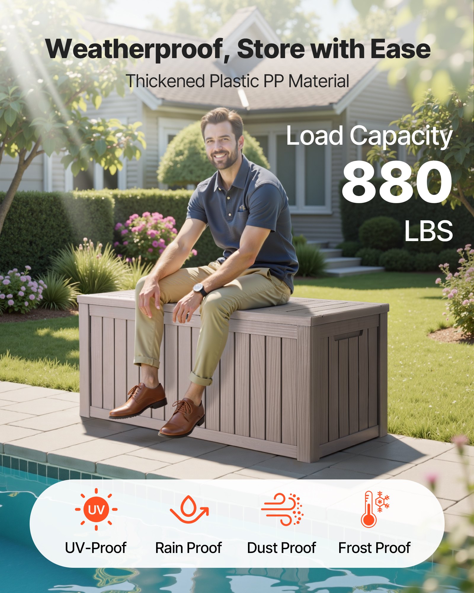 VEVOR Outdoor Storage Box, 120 Gallon Resin Deck Box, Lockable Backyard Toy and Towel Storage Cabinet Waterproof, for Patio Furniture Cushions, Garden Tools, Pool Supplies & Package Delivery (Grey)