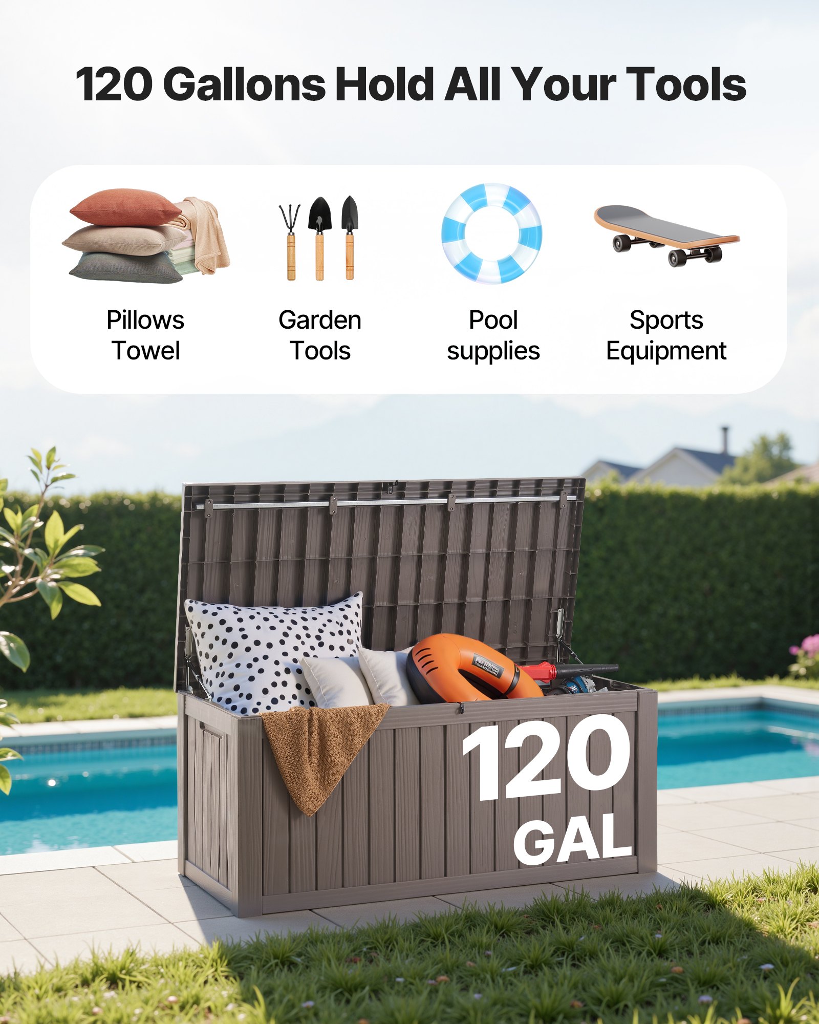 VEVOR Outdoor Storage Box, 120 Gallon Resin Deck Box, Lockable Backyard Toy and Towel Storage Cabinet Waterproof, for Patio Furniture Cushions, Garden Tools, Pool Supplies & Package Delivery (Grey)