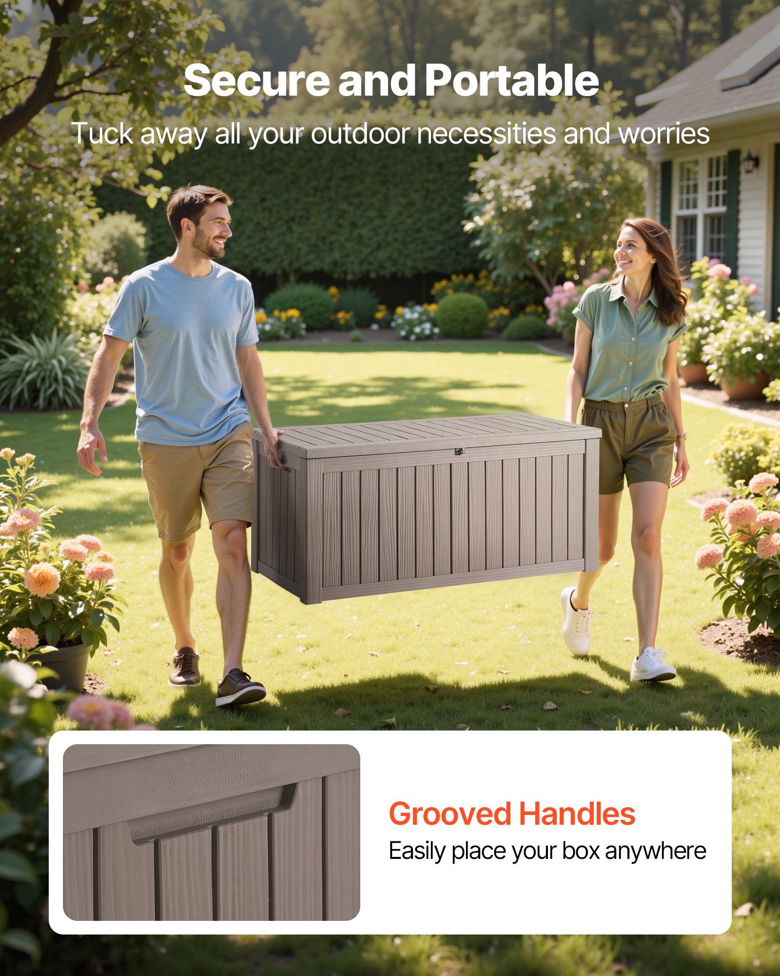 VEVOR Outdoor Storage Box, 120 Gallon Resin Deck Box, Lockable Backyard Toy and Towel Storage Cabinet Waterproof, for Patio Furniture Cushions, Garden Tools, Pool Supplies & Package Delivery (Grey)