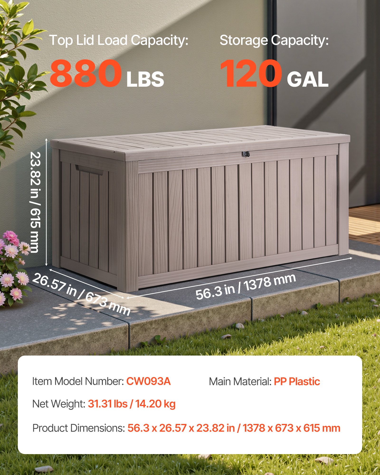 VEVOR Outdoor Storage Box, 120 Gallon Resin Deck Box, Lockable Backyard Toy and Towel Storage Cabinet Waterproof, for Patio Furniture Cushions, Garden Tools, Pool Supplies & Package Delivery (Grey)